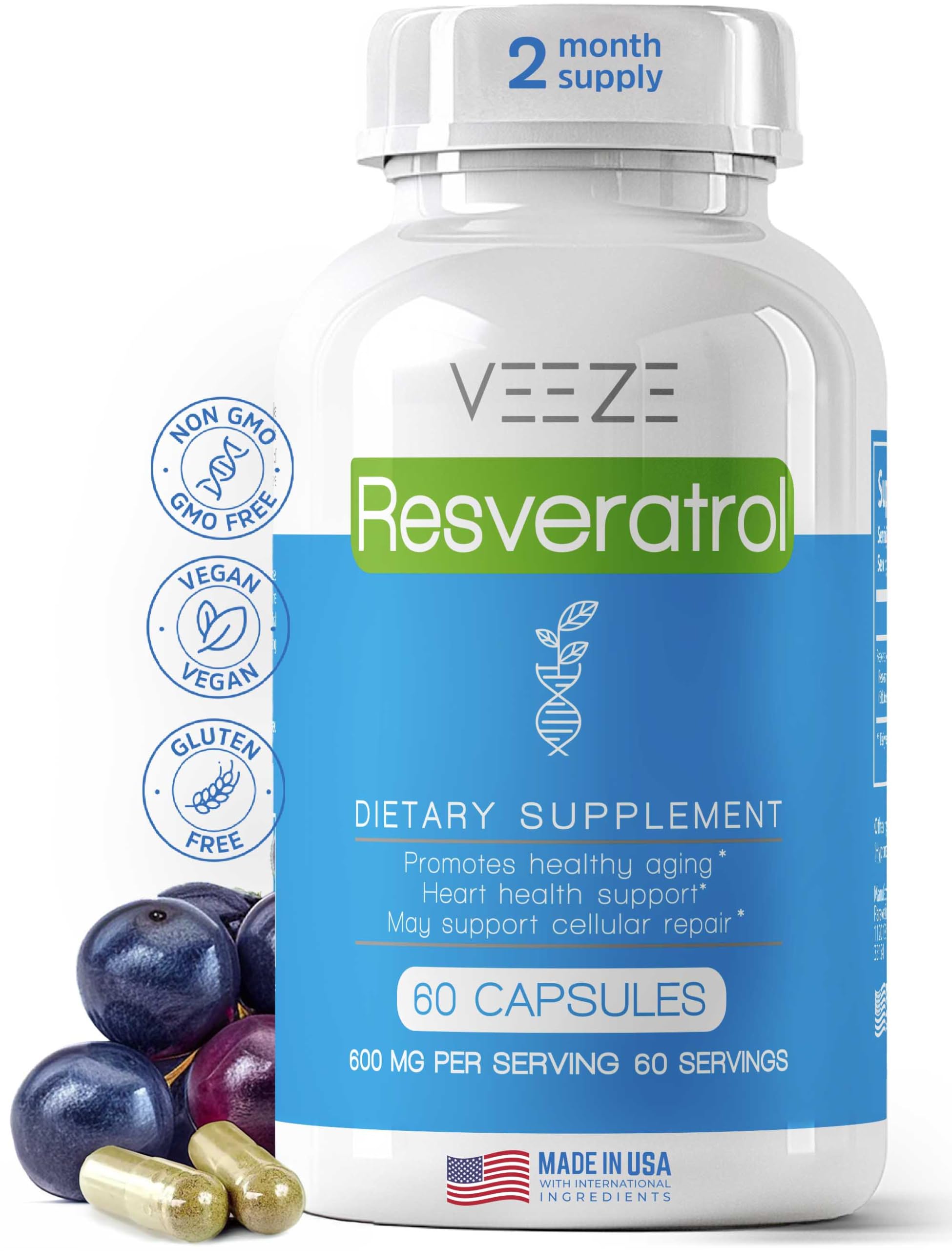 Flacon VEEZE Resveratrol 600 mg avec capsule faciles à avaler, bien-être potentiel.