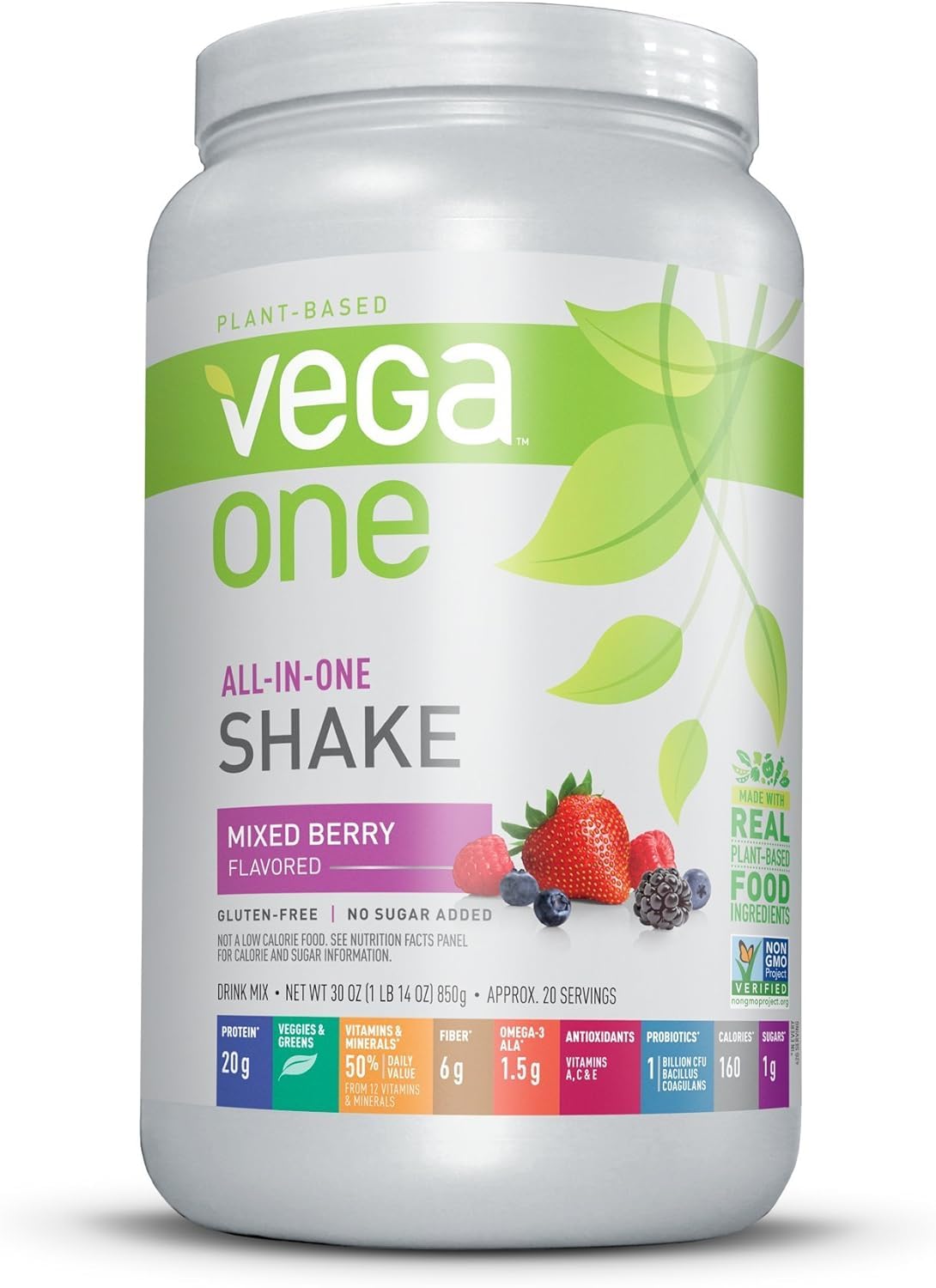 Vega One en bouteille et gobelet, prêt pour un petit-déjeuner équilibré.