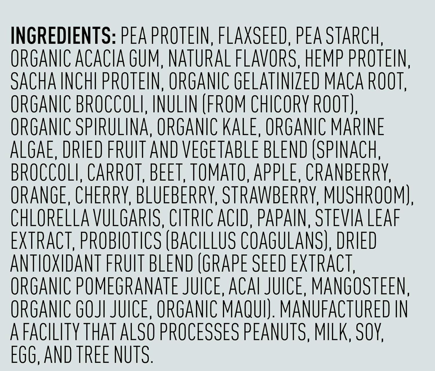 Emballage Vega One affichant les informations nutritionnelles et les certifications.