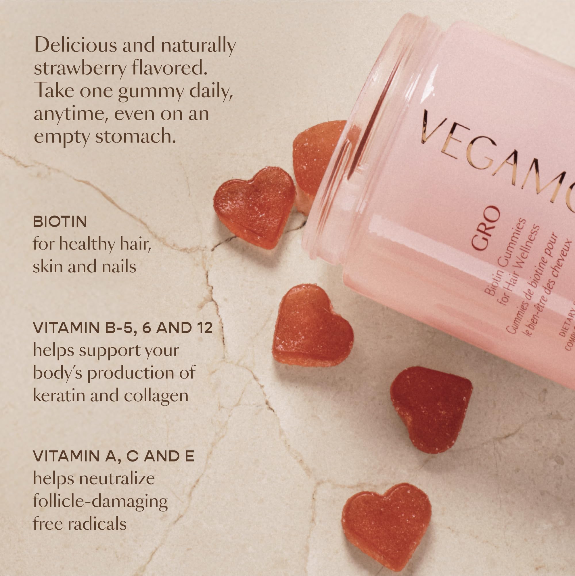 Ingrédients végan VEGAMOUR GRO Biotin Gummies, respectueux des cheveux et ongles.