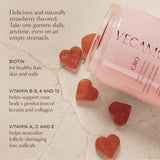 Ingrédients végan VEGAMOUR GRO Biotin Gummies, respectueux des cheveux et ongles.