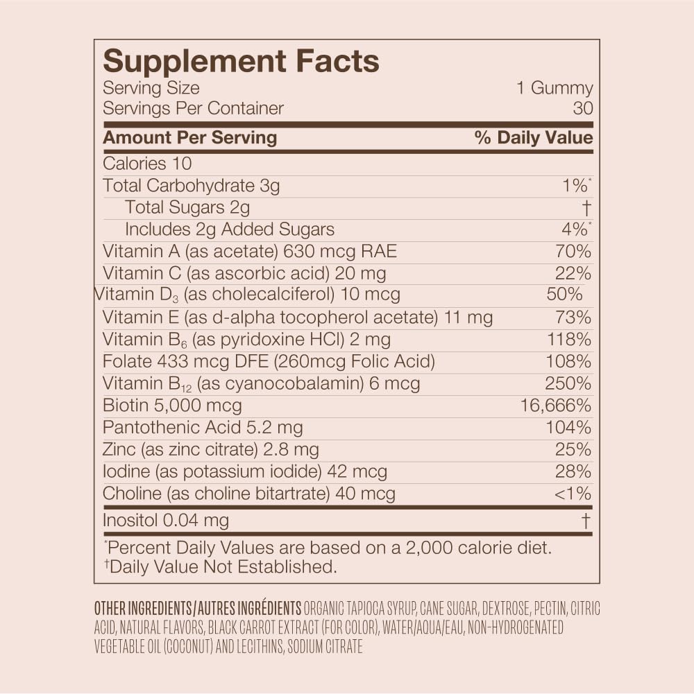 Tableau nutritionnel VEGAMOUR GRO Biotin Gummies sur l'emballage.