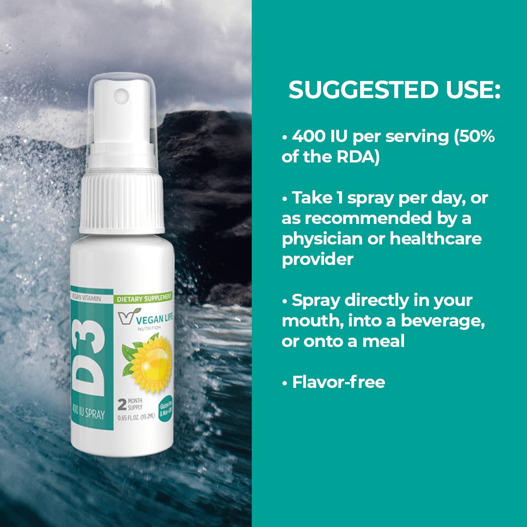 D3 spray Vegan Life Nutrition utilisant lichen organique pour biodisponibilité potentielle.
