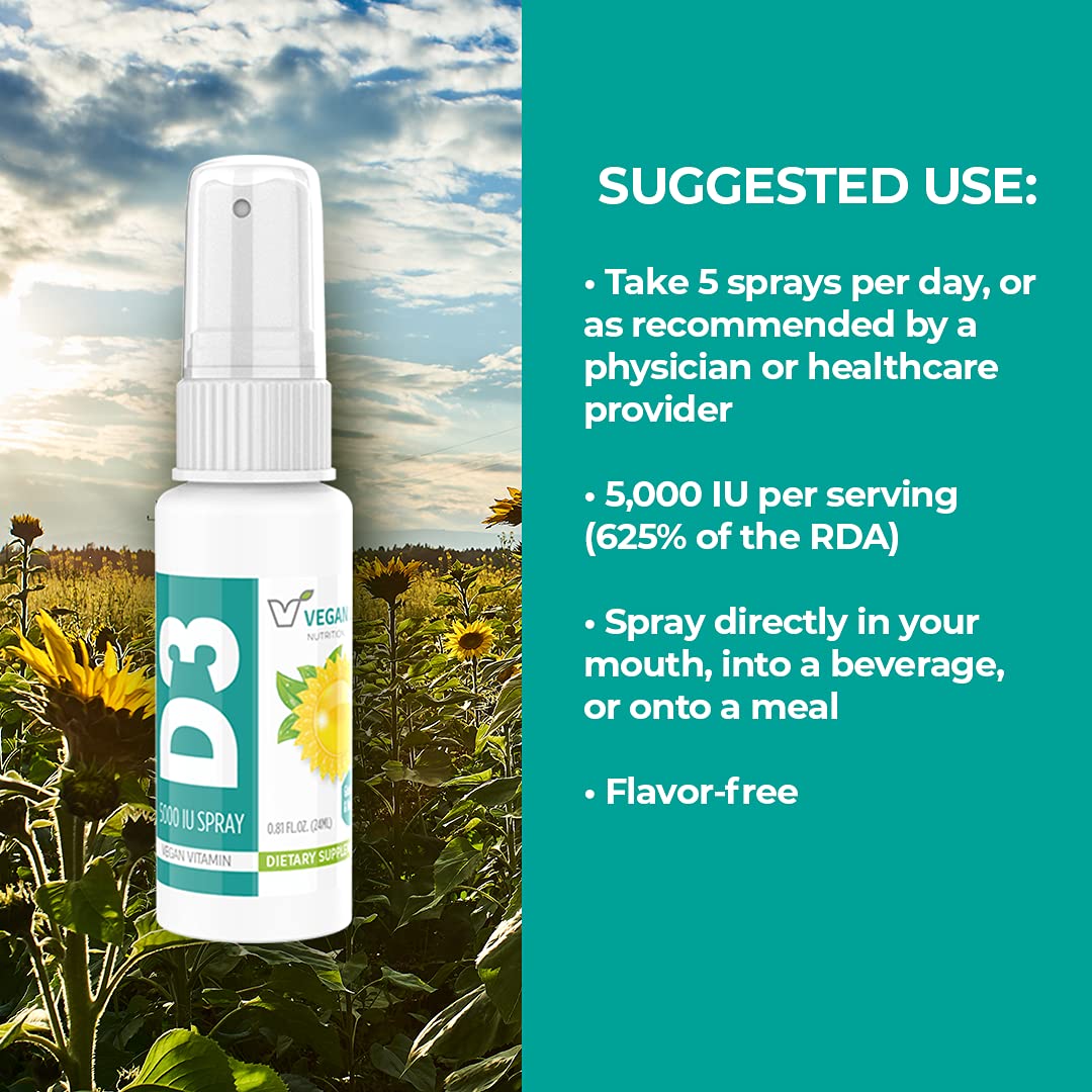 Vegan Life Nutrition Vitamine D3 5000 UI spray, étiquette et emballage végétal