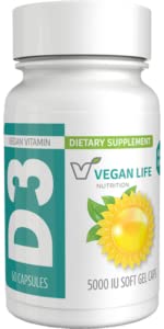 Gélules vegan Life Nutrition D3 pour adultes, soutien potentiel des os et de l’immunité.