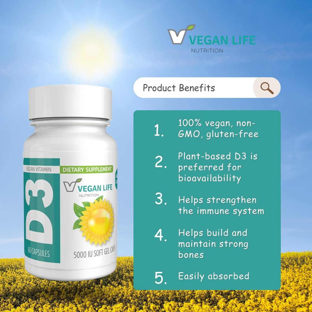 Gros plan sur les gélules D3 Vegan Life Nutrition, source végétale fiable et biodisponible.