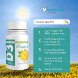 Gros plan sur les gélules D3 Vegan Life Nutrition, source végétale fiable et biodisponible.