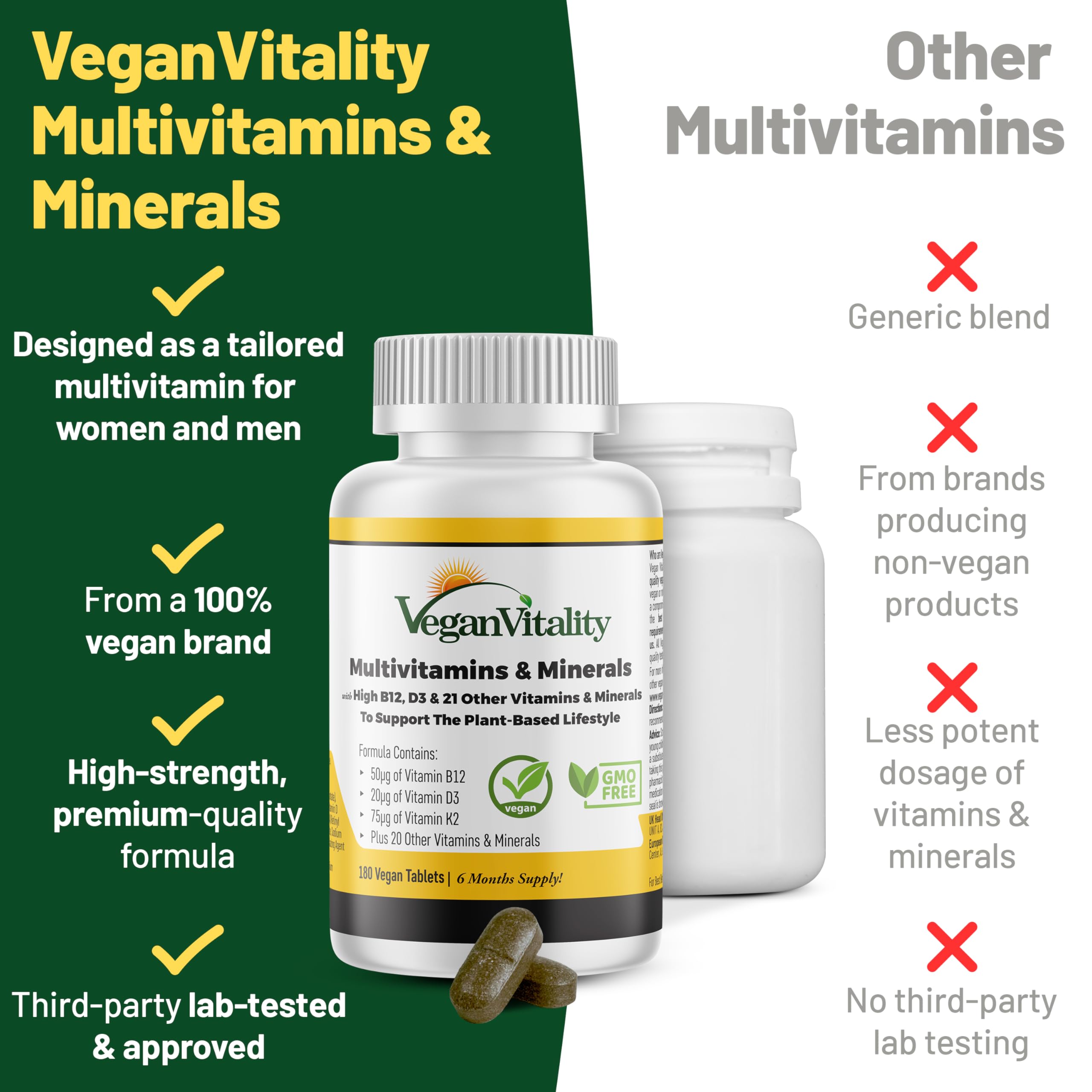 Vegan Vitality – comprimés-b12-d3-k2: hautes doses pour l’apport quotidien.
