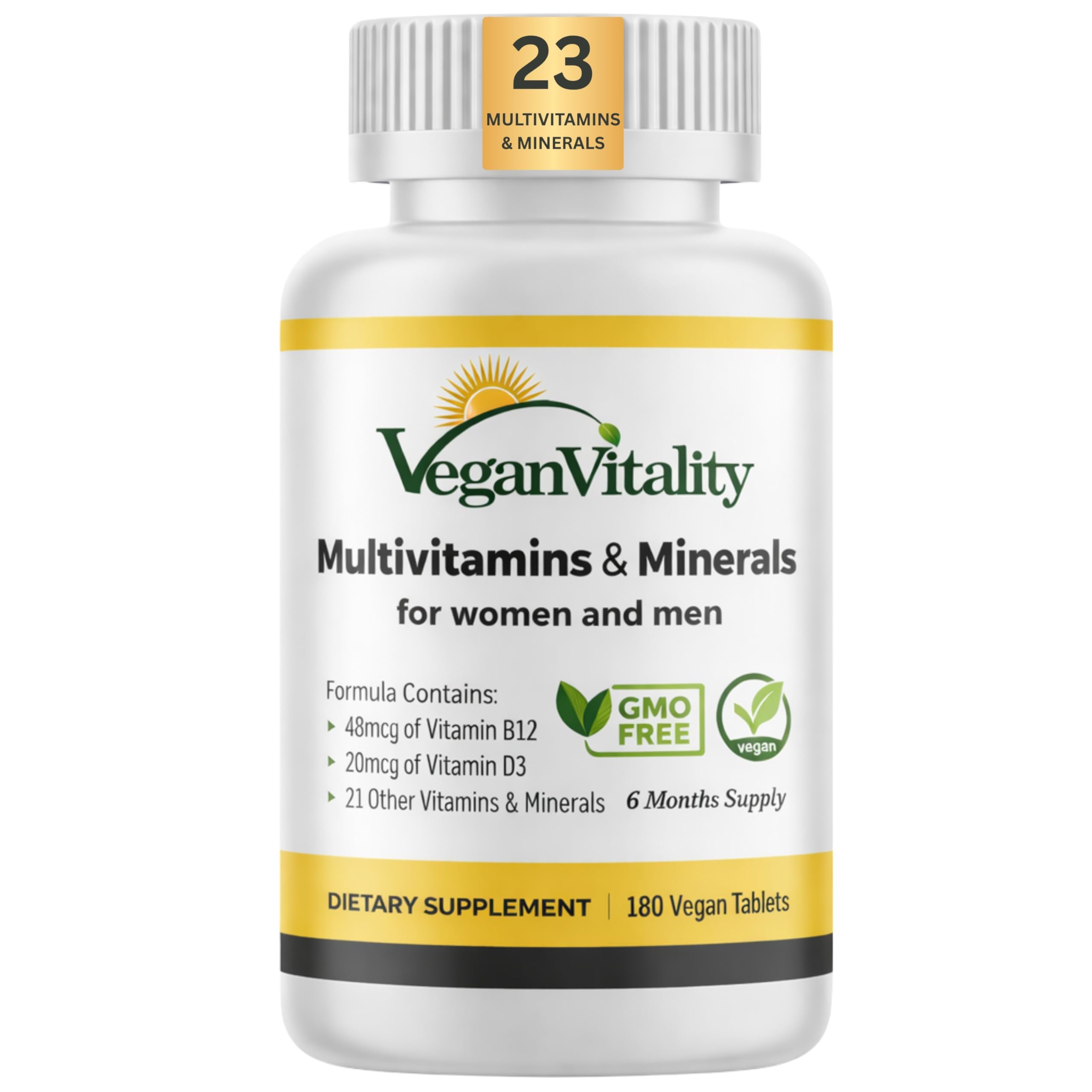 Vegan Vitality – bouteille-pilules: complément vegan pour le quotidien.