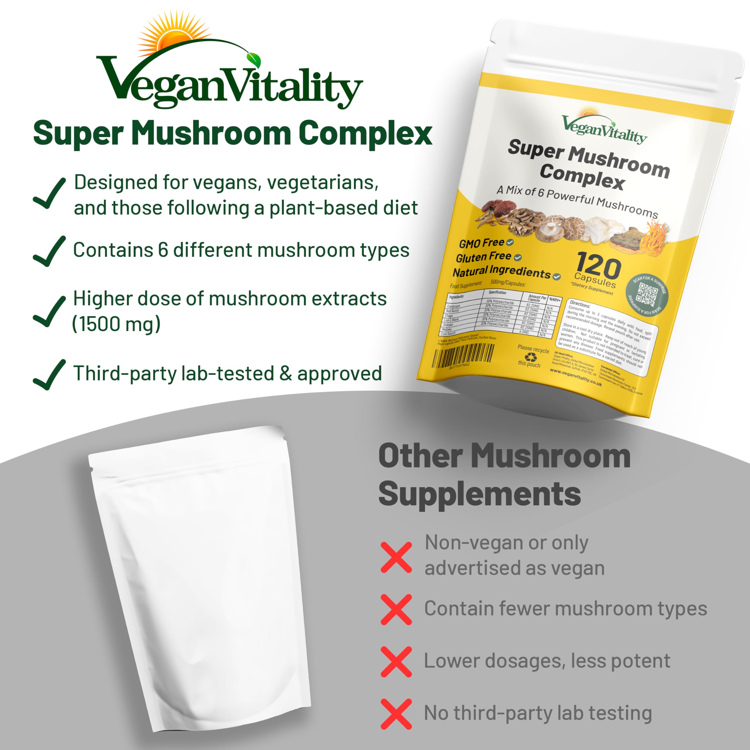 Vegan Vitality Multi Champignons – étiquette lisible et informations claires.