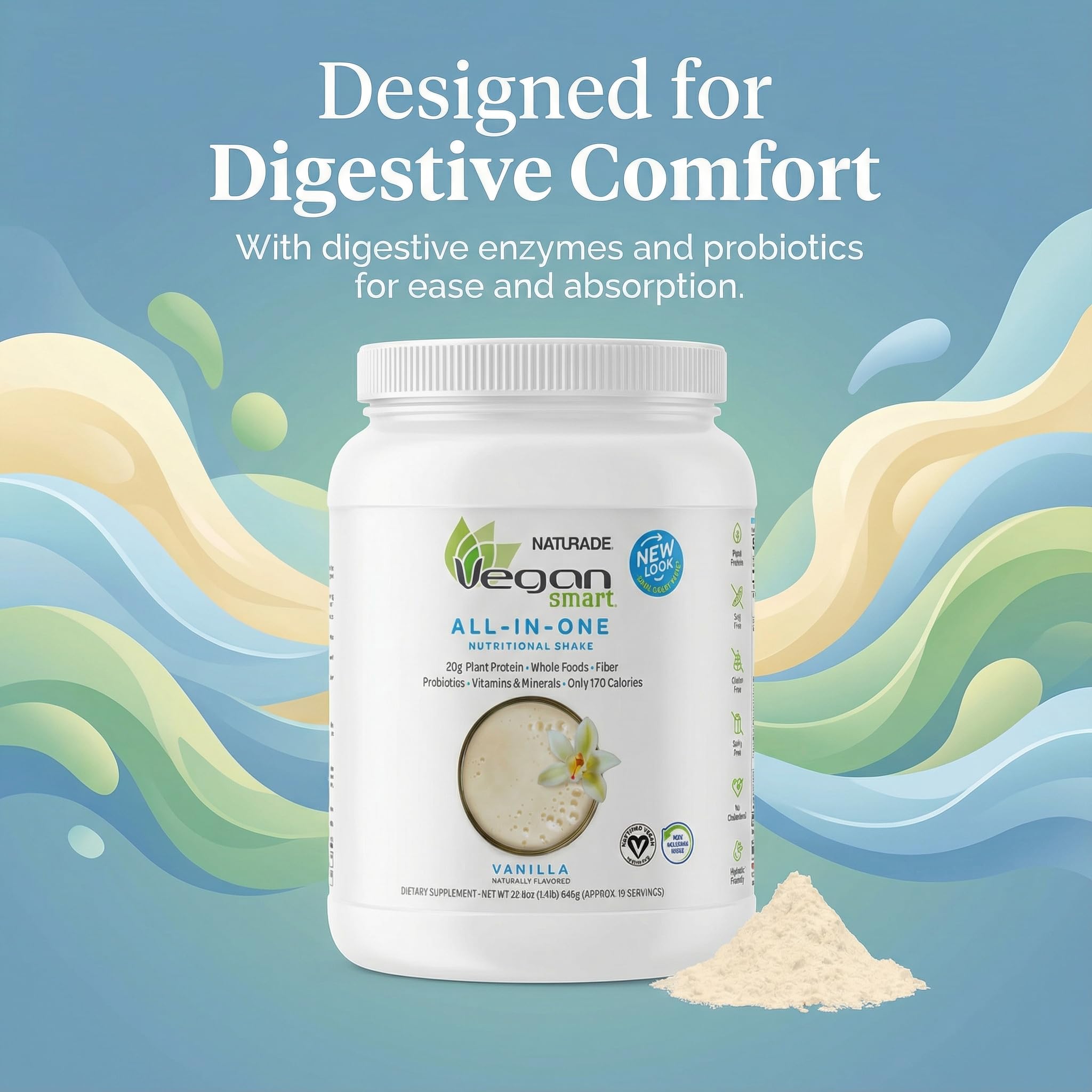 Vegansmart Naturade Shake Vanille bouteille ouverte et verre.