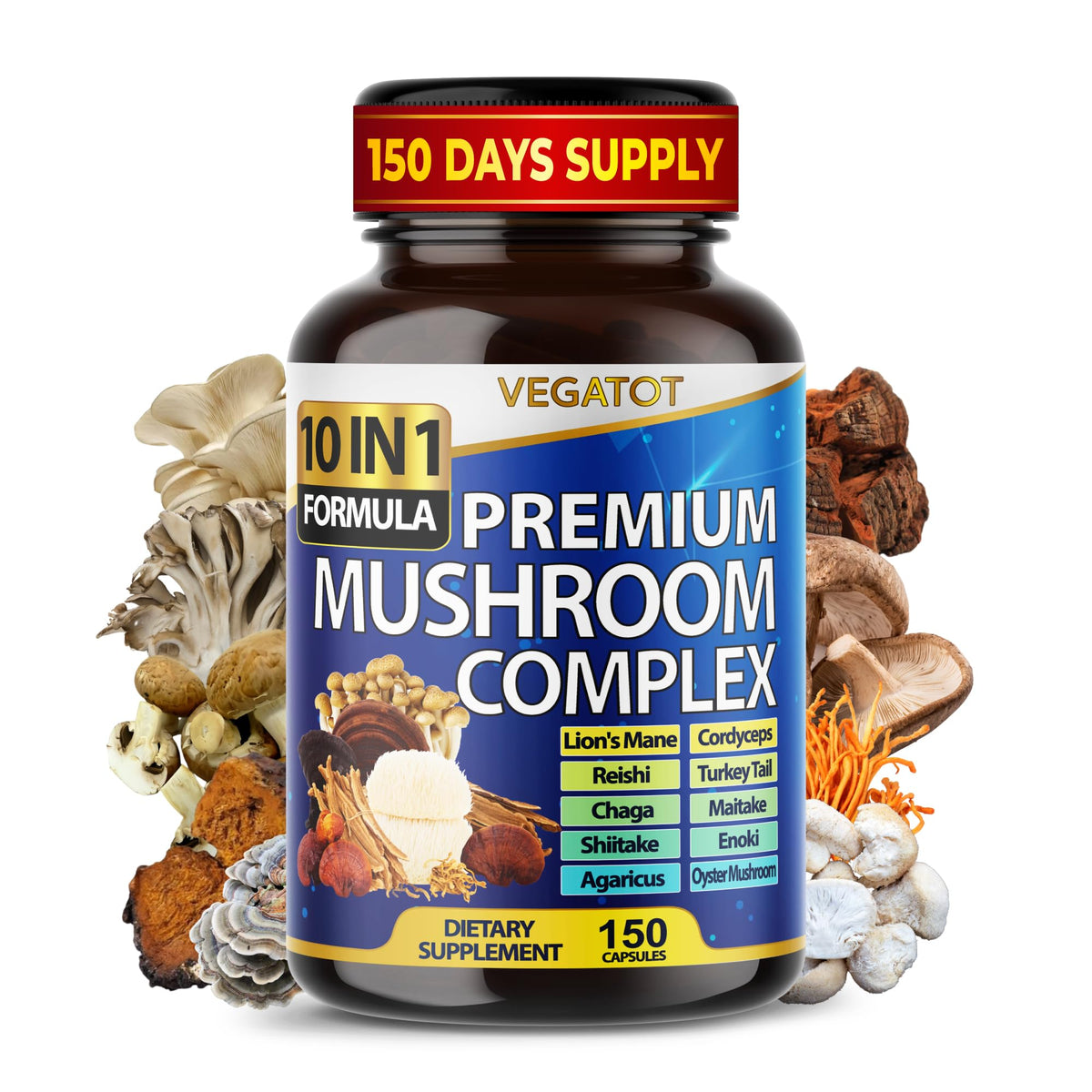 Vegatot montre la bouteille champignons 10 en 1 pour concentration quotidienne.