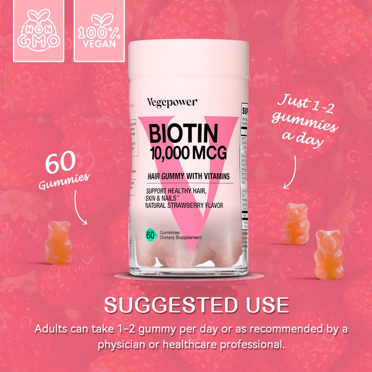 VEGEPOWER Biotin Gummies usage quotidien, soutien potentiel pour cheveux-peau-ongles.