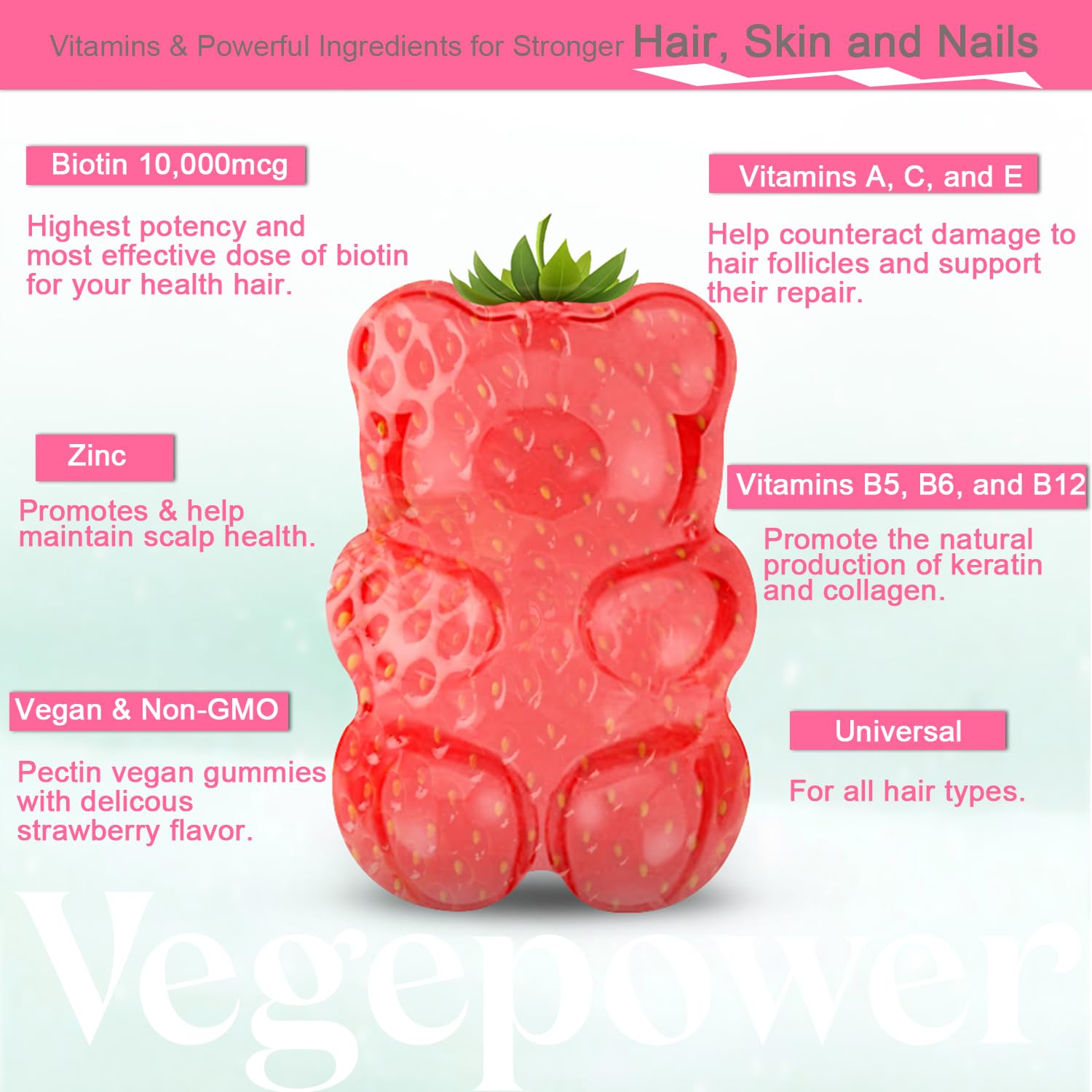 VEGEPOWER Biotin Gummies vegan, sans gélatine et sans OGM.
