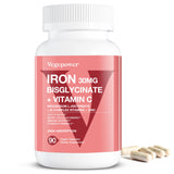 VEGEPOWER fer bisglycinate 30 mg avec vitamine C — bouteille montrant une absorption améliorée