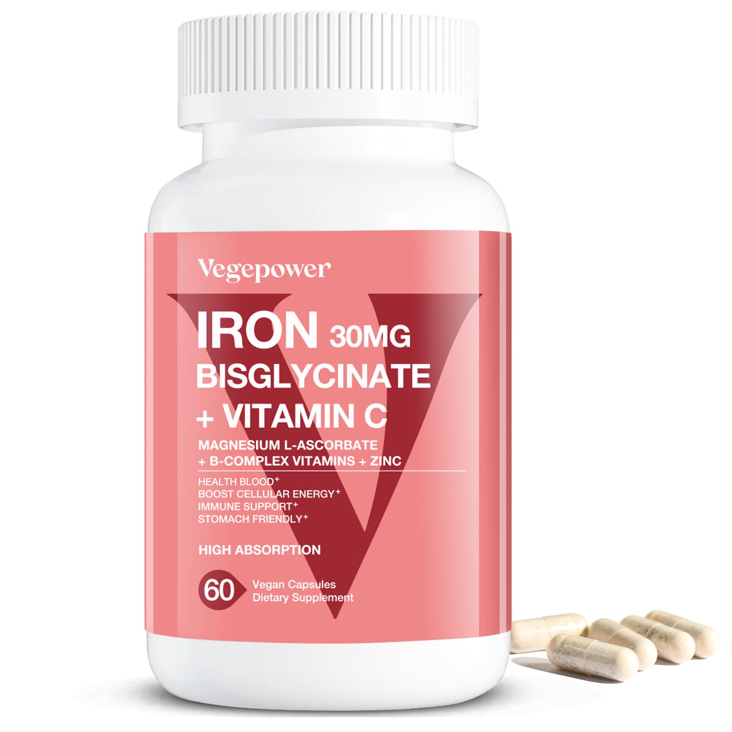 VEGEPOWER Fer Bisglycinate : bouteille de gelules faciles a avaler et absorption elevee.