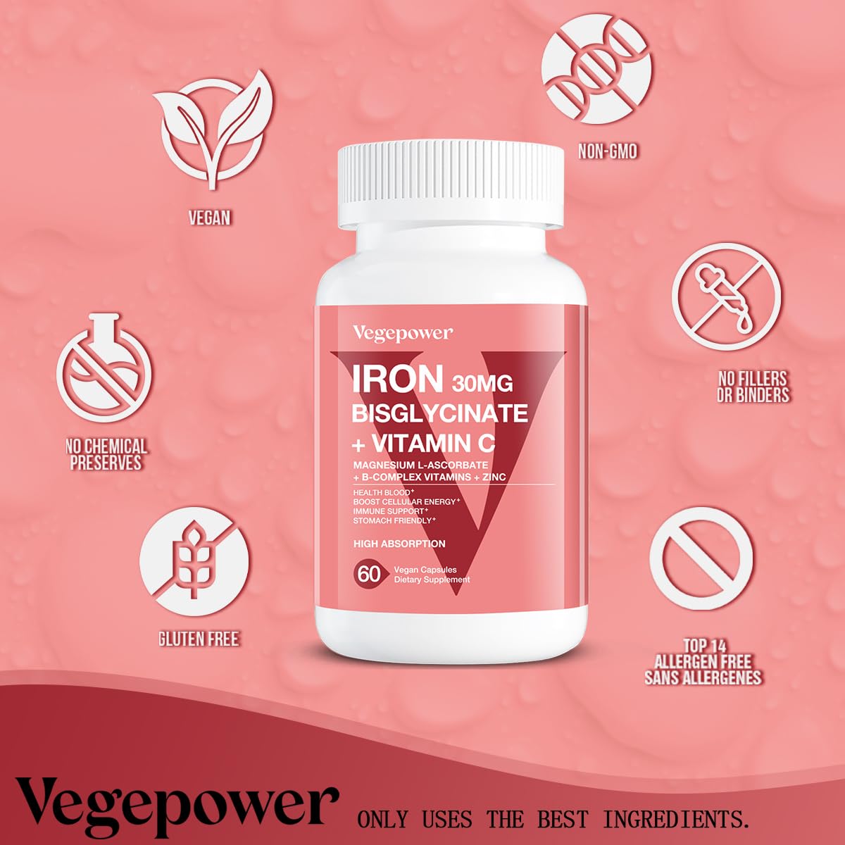 VEGEPOWER Fer Bisglycinate gelules vegetarianiennes et sans allergenes courants.