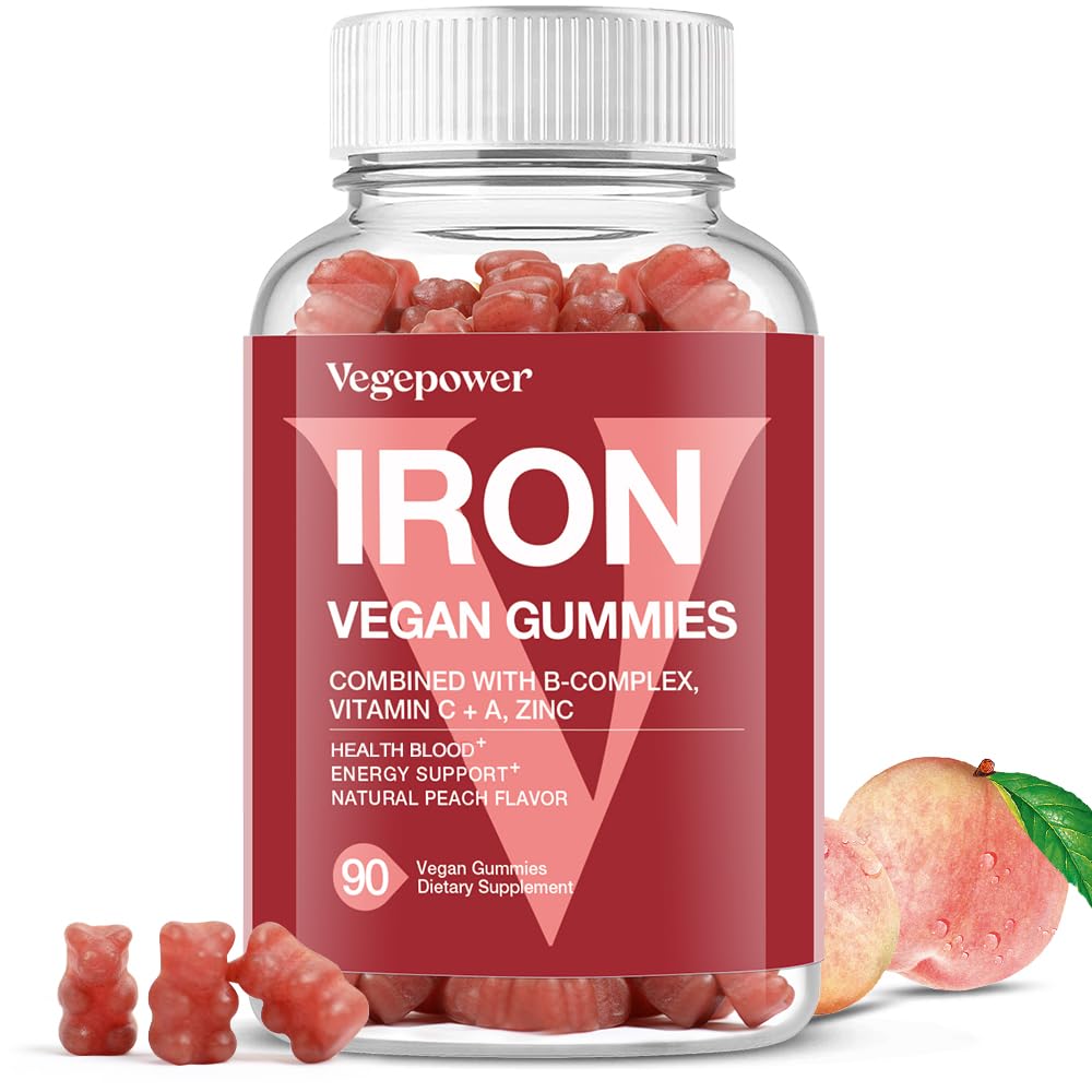 VEGEPOWER Fer Gummies – bouteille pêche: goût agréable et prise quotidienne facilitée.