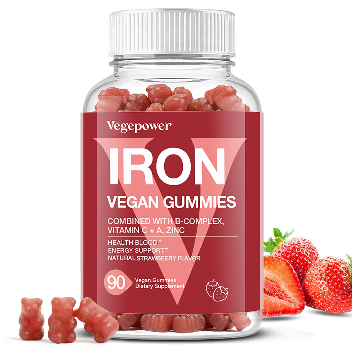 VEGEPOWER Gomme Fer Fraise — bouteille montrant l'apport quotidien en fer.