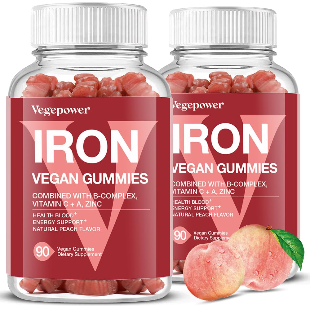 VEGEPOWER gommes fer pêche – bouteille présentée, soutien potentiel d'énergie au quotidien.