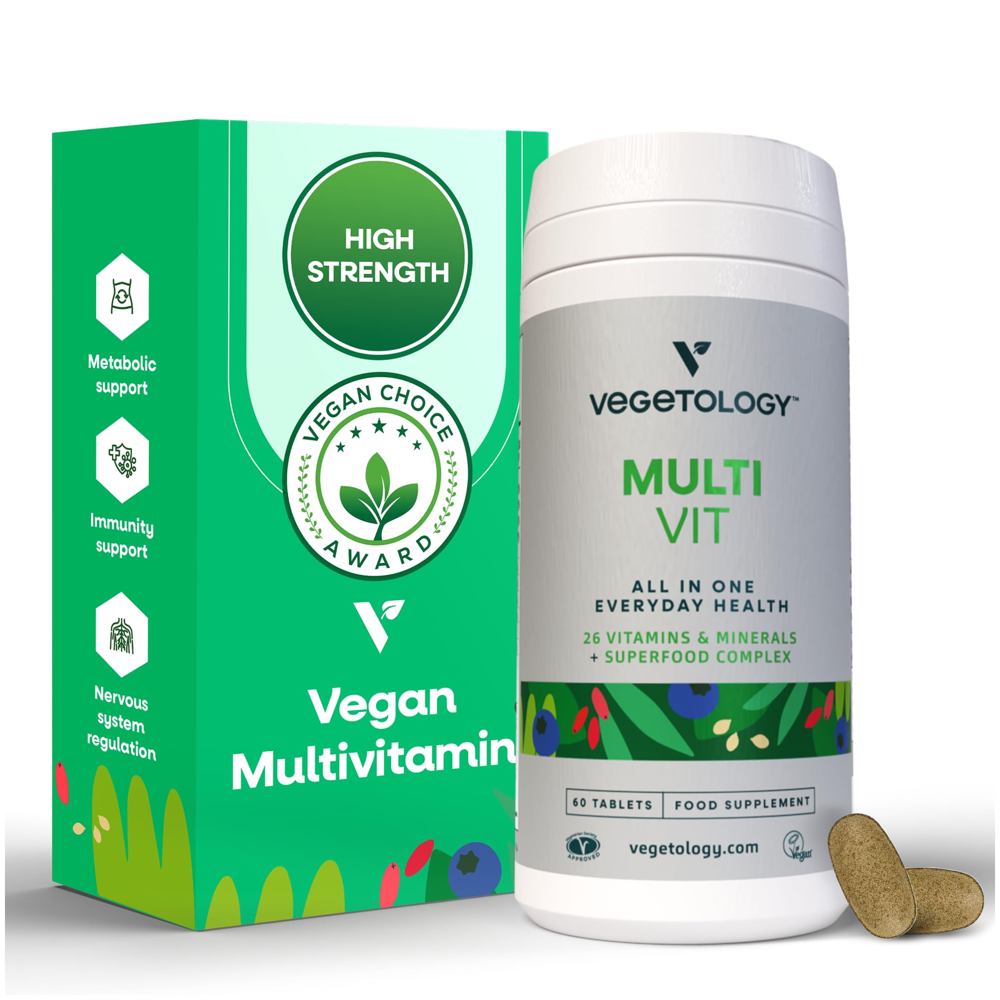 VEGETOLOGY MultiVit – bouteille de vitamines véganes pour l'énergie quotidienne.