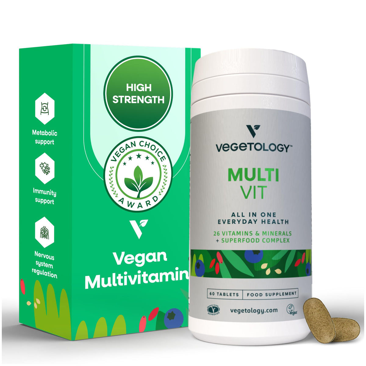 VEGETOLOGY MultiVit – bouteille de vitamines véganes pour l'énergie quotidienne.