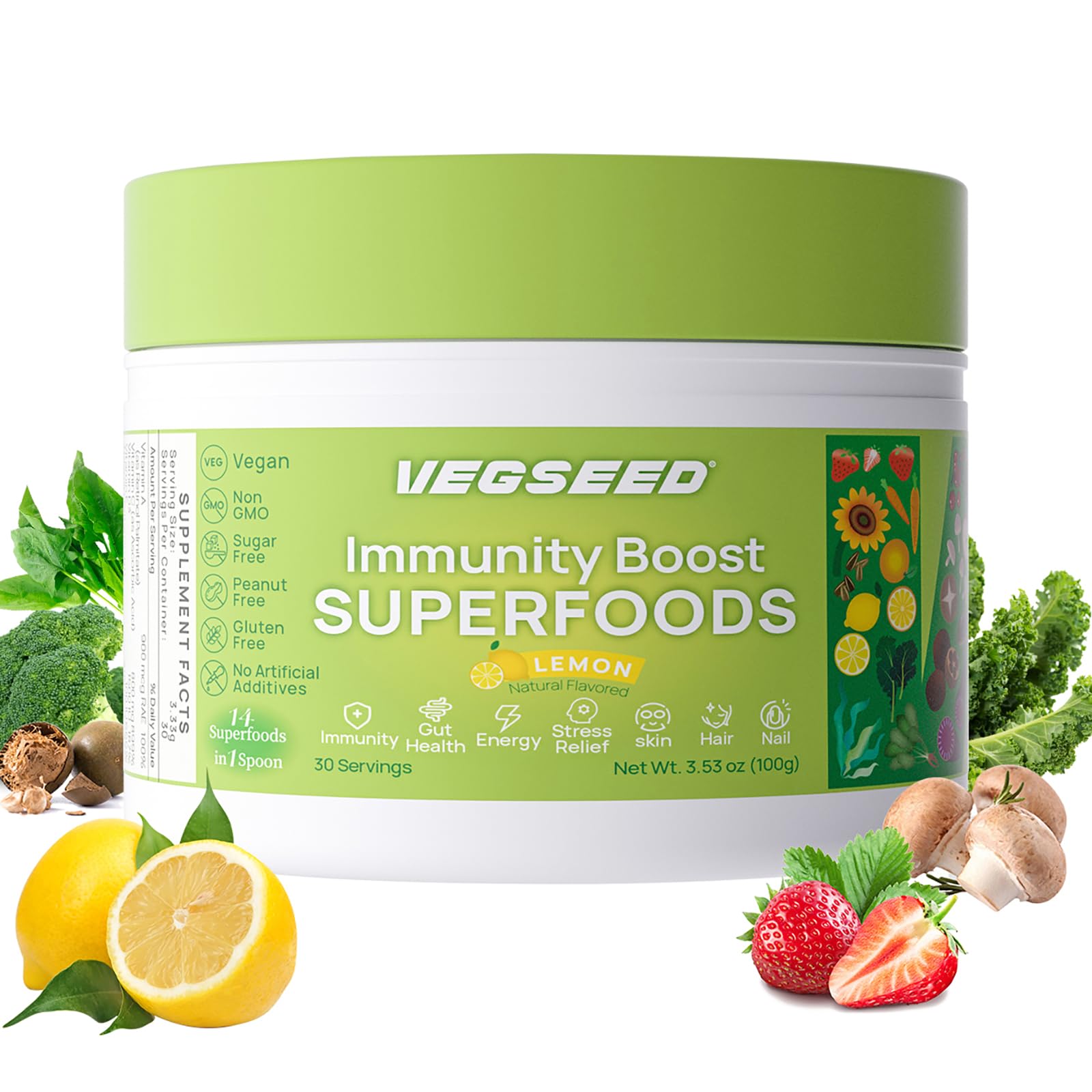 Vegseed Immunity Greens Powder – boîte, pratique pour démarrer la journée avec énergie potentielle