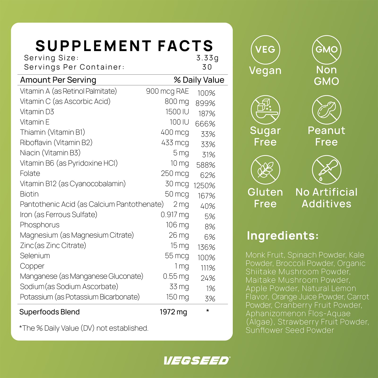 Vegseed Immunity Greens Powder – verre d’eau, mélange facile à intégrer au quotidien