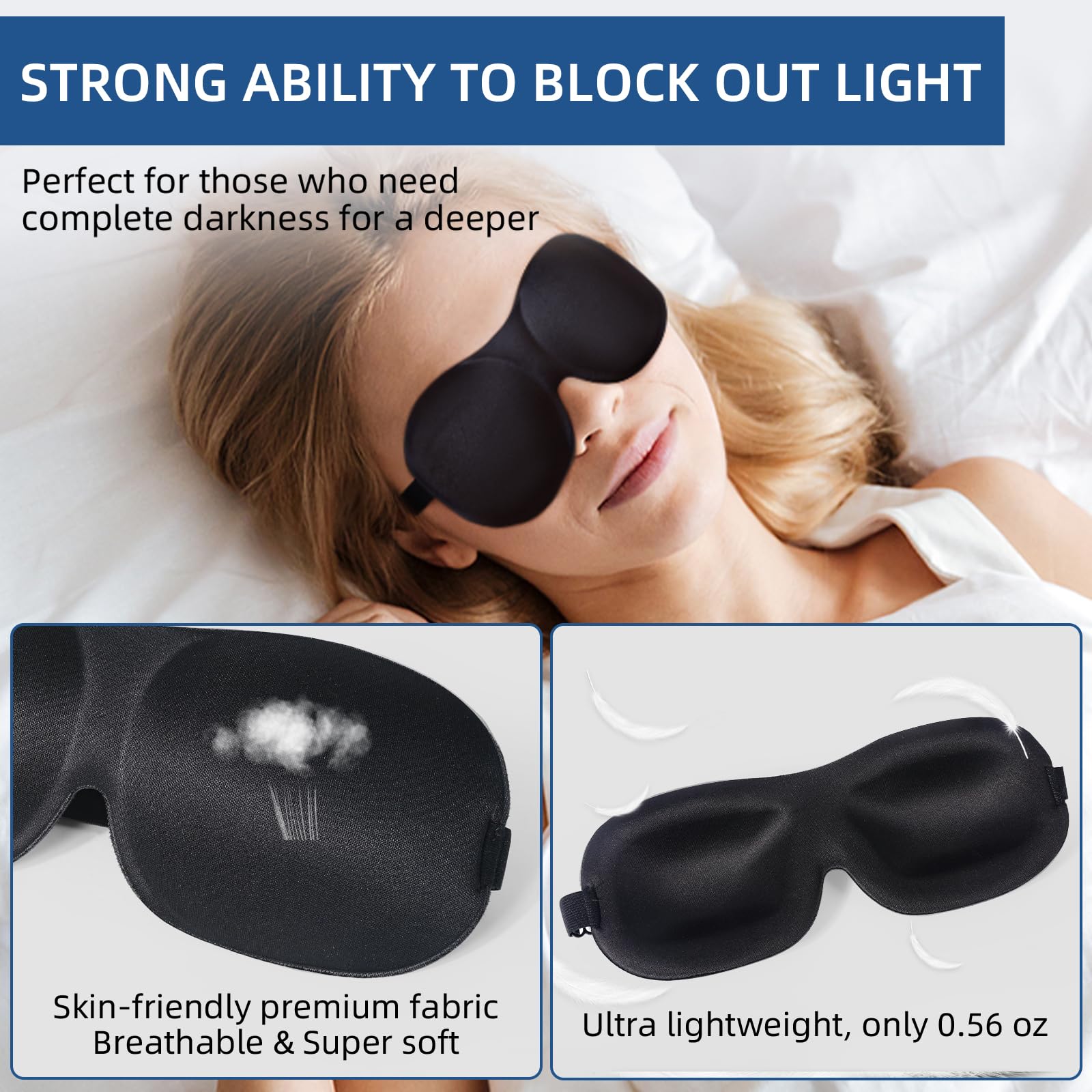 VEKDA Masque yeux matière douce respirante: confort nocturne durable et peau ventilée.