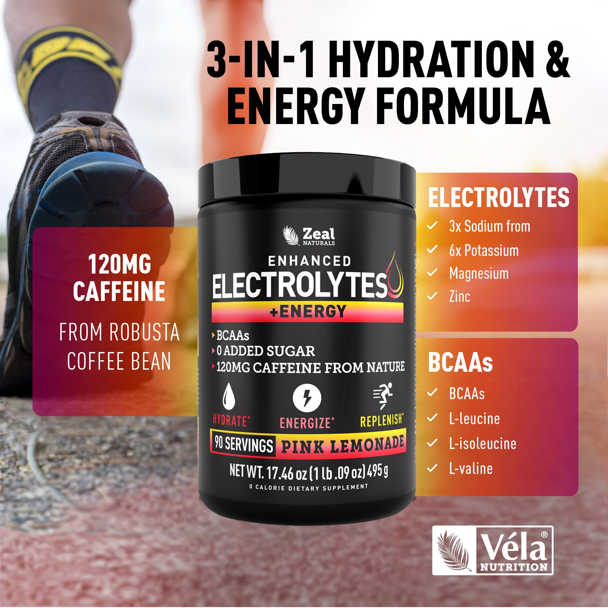 Véla Pre-Workout: ingrédients BCAA visibles démontrant le soutien d’effort.