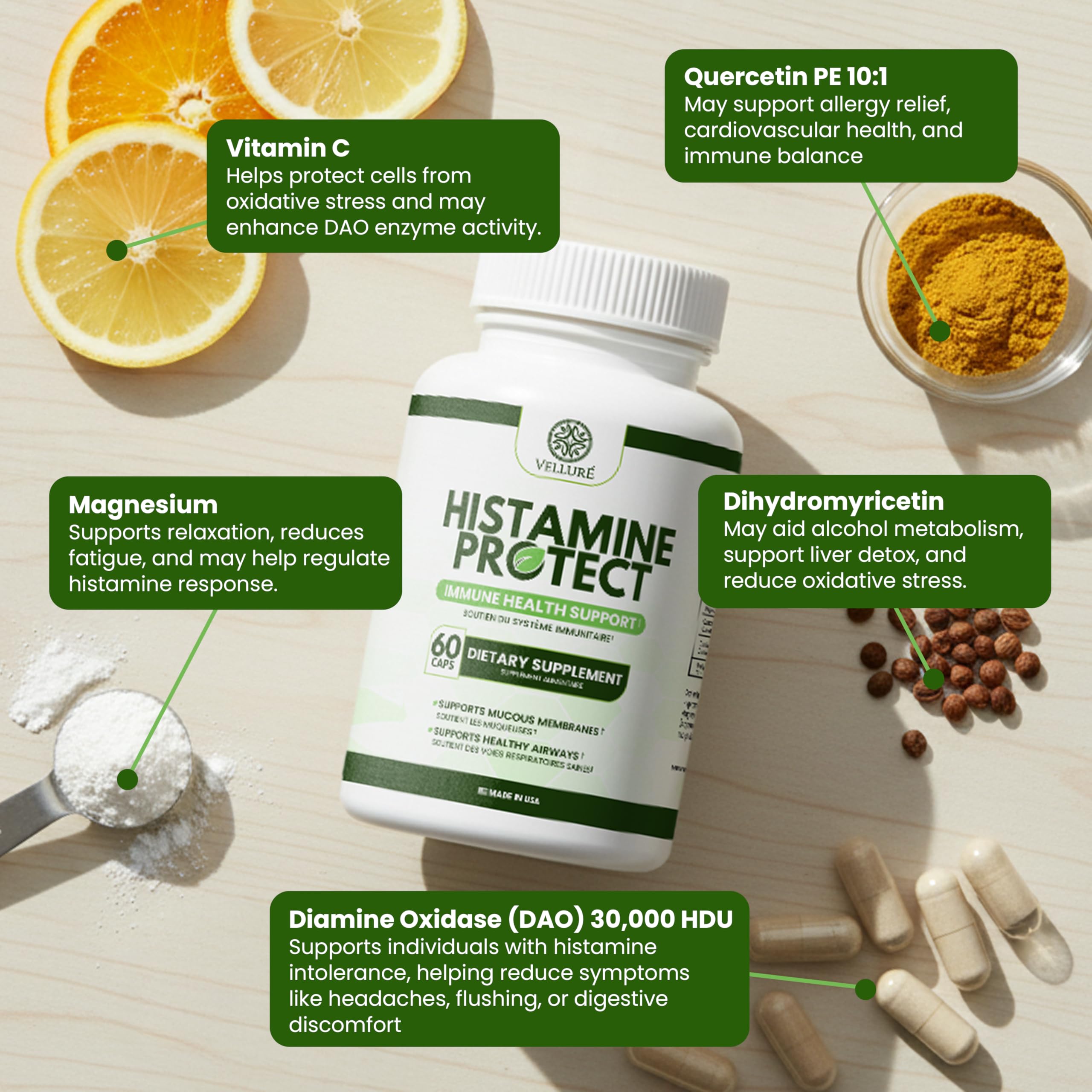 Quercétine dans Velluré Histamine Protect, soutien naturel après repas.