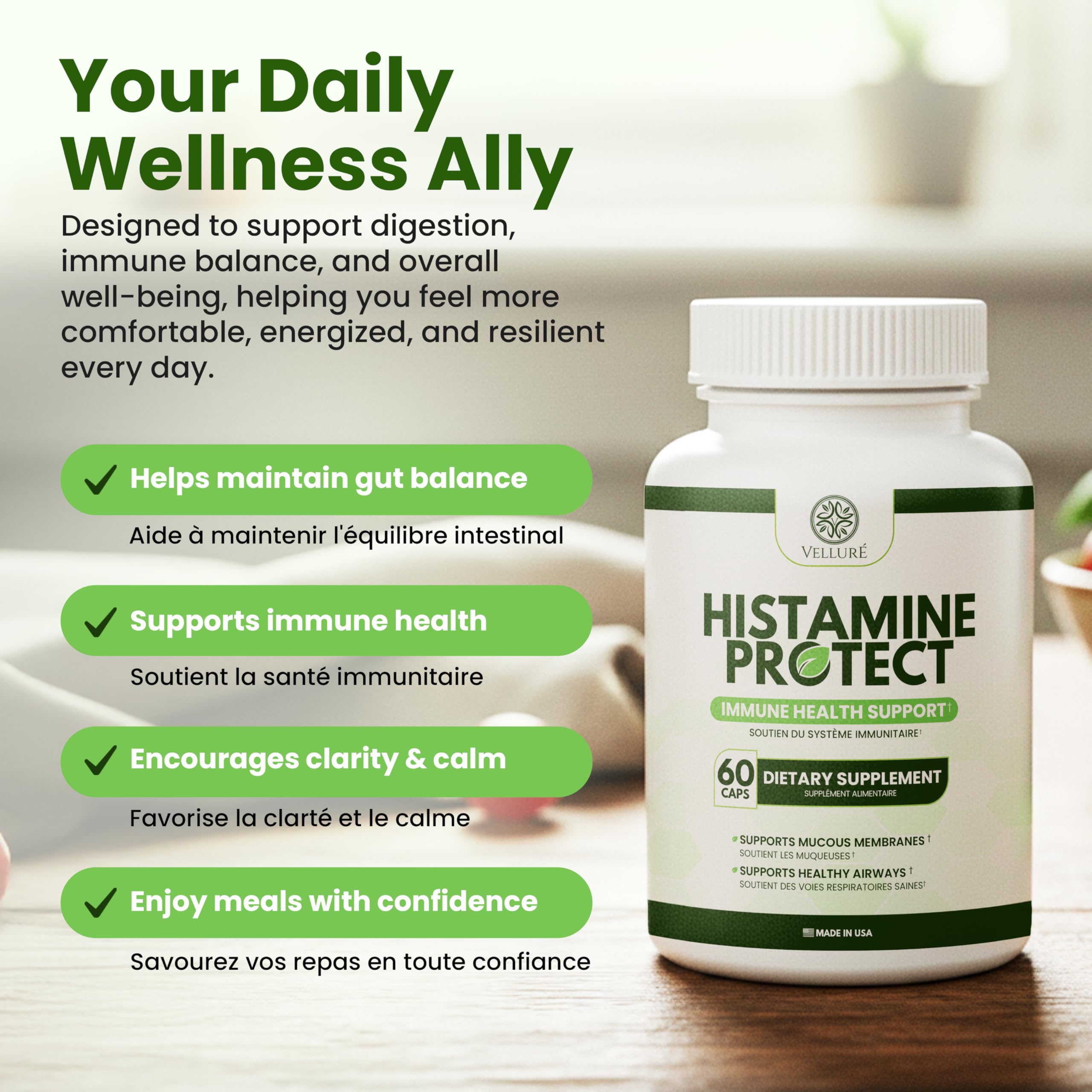 Vitamine C dans Velluré Histamine Protect, complément pour l énergie quotidienne.
