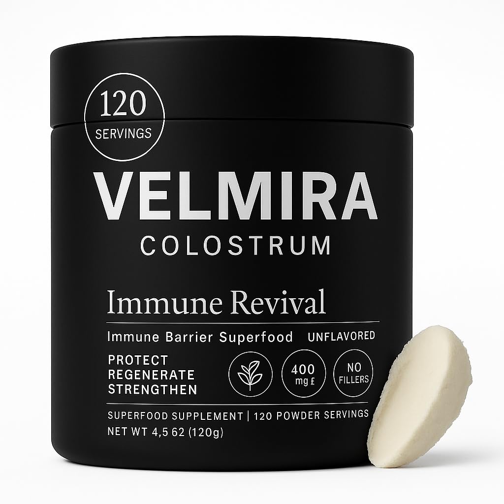 Velmira Colostrum en poudre, bouteille, soutien immunitaire potentiel au quotidien.