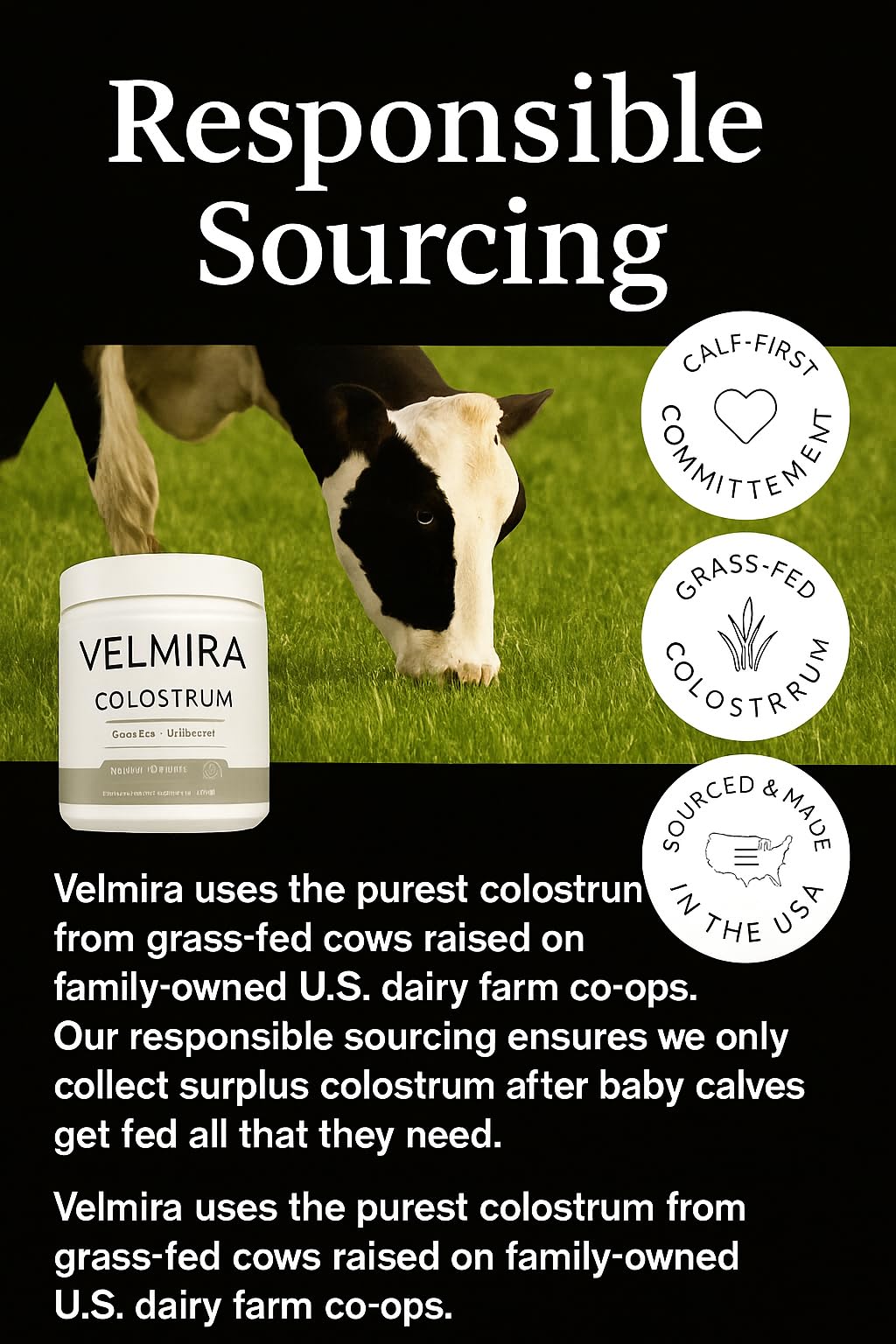 Velmira Colostrum en poudre, contrôle qualité strict garantissant pureté.