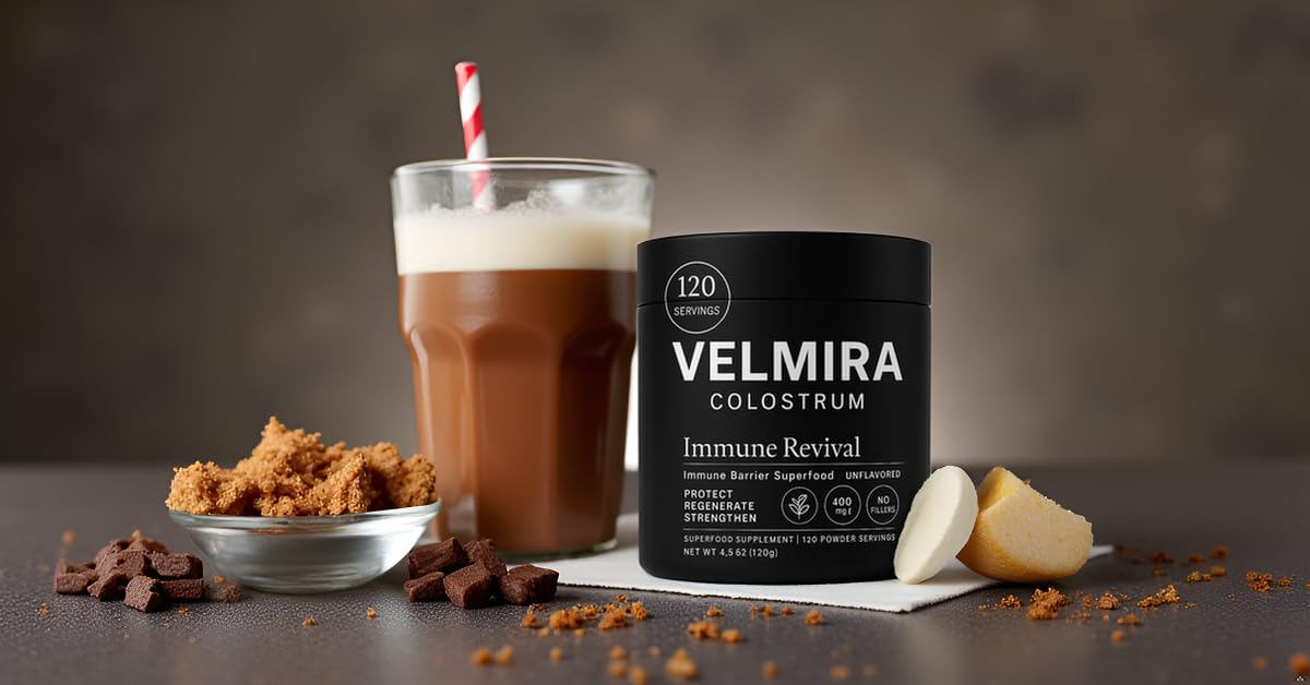 Velmira Colostrum en poudre, cuillère-mesure, dose pratique pour l'utilisation quotidienne.