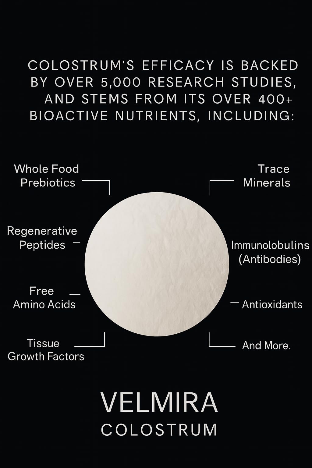 Velmira Colostrum en poudre, etiquette naturelle et emballage clair facilitant le choix.