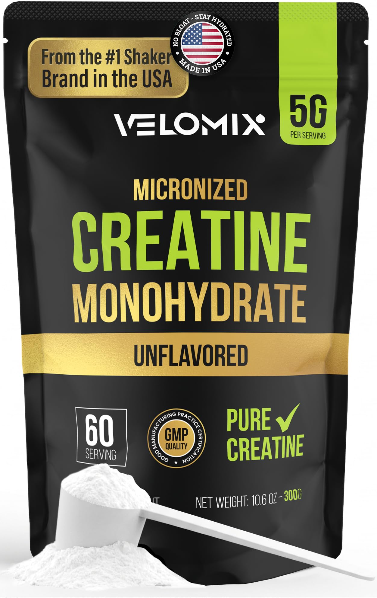 VELOMIX créatine micronisée en poudre, facile à mélanger sans goût.