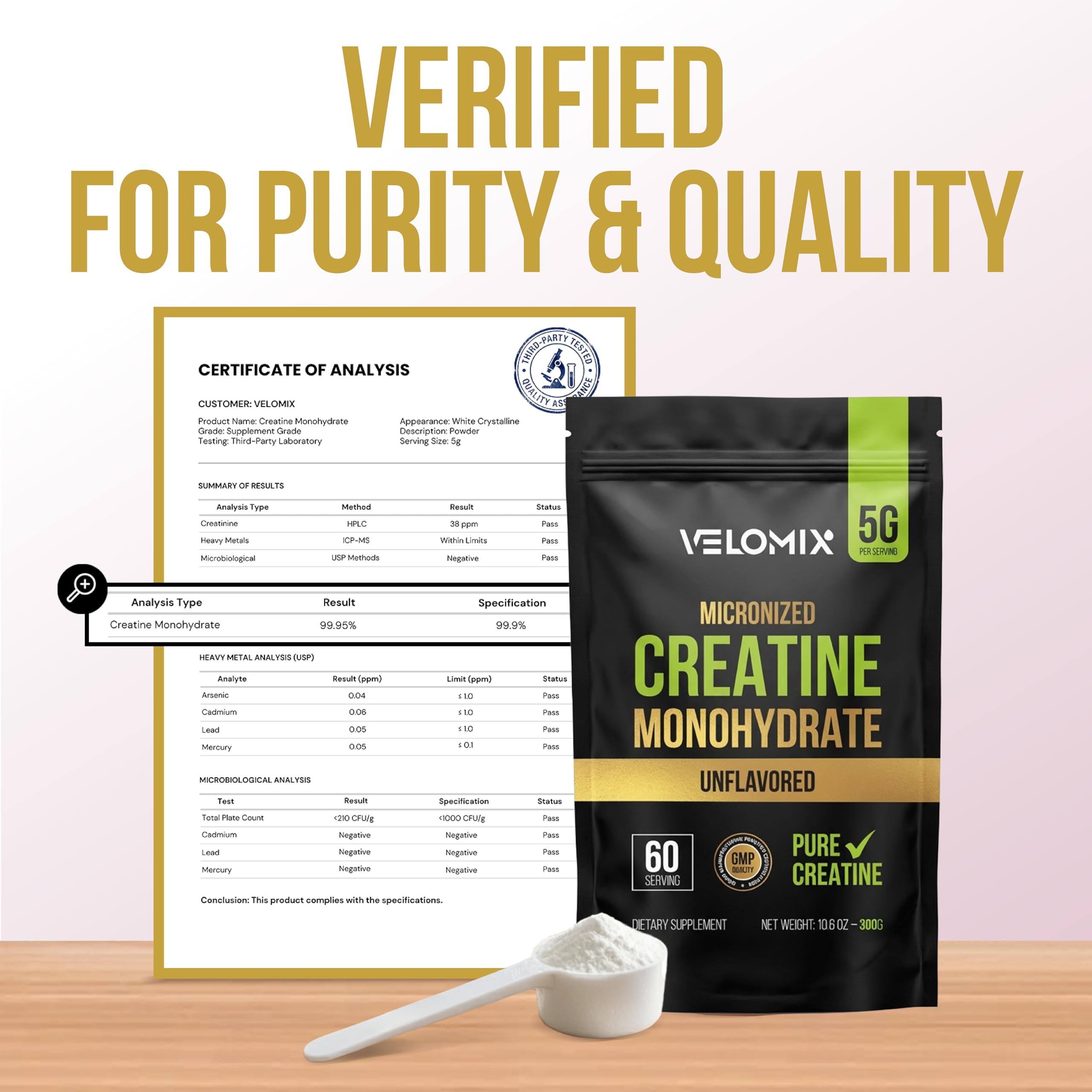Créatine mono-hydrate pure VELOMIX, sans additifs ni sucre.
