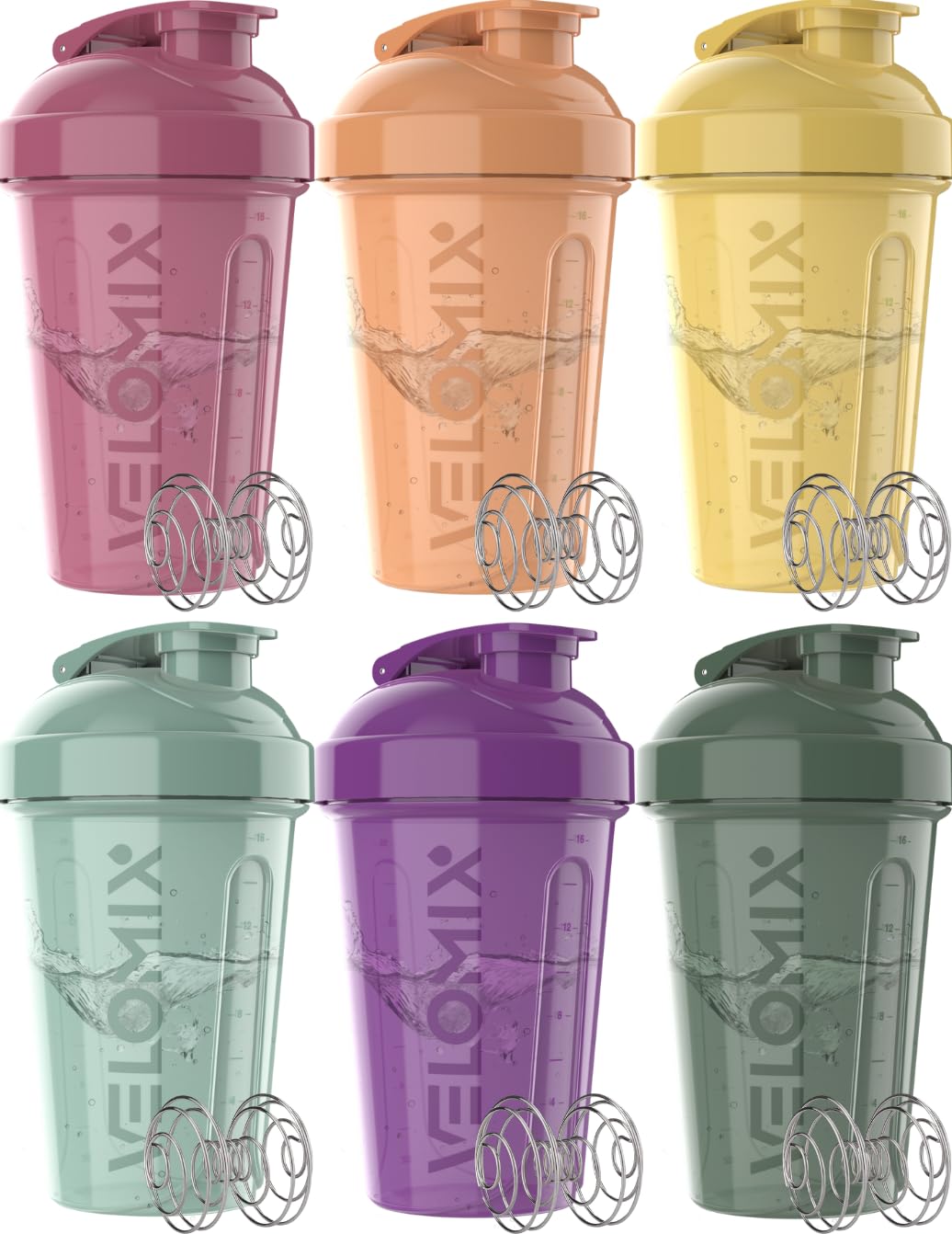 VELOMIX ensemble de 6 bouteilles shaker protéine, pratique et sans fuite.