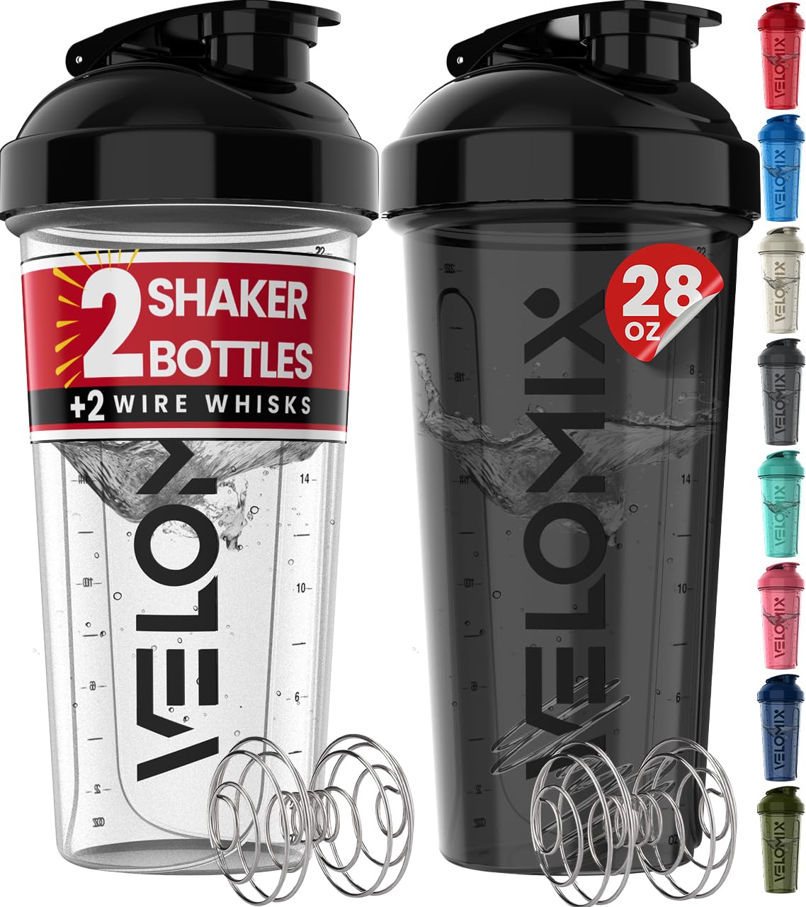 VELOMIX Pack2 Bouteilles Shaker 28oz noir-transparent, pratique pour protéines en déplacement