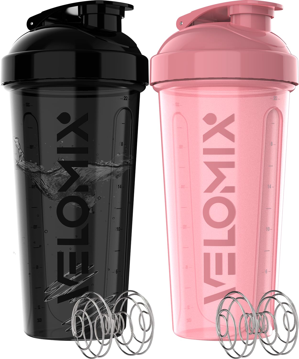 VELOMIX Bouteille mélangeuse rose-noir en gros plan, pratique et capacité visibles.