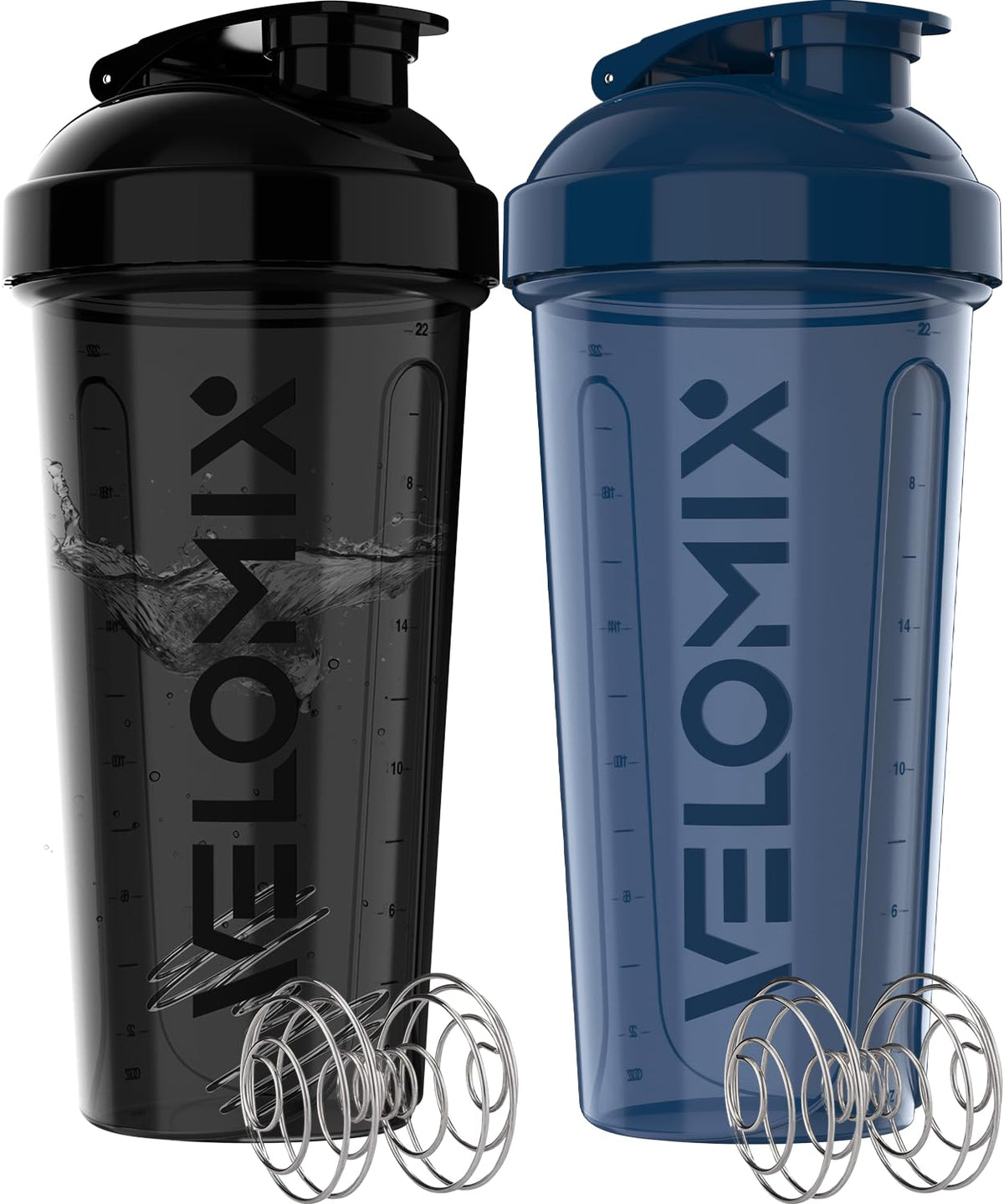 VELOMIX Shaker 28oz bleu et noir avec fouets doubles pour mélanger rapidement.