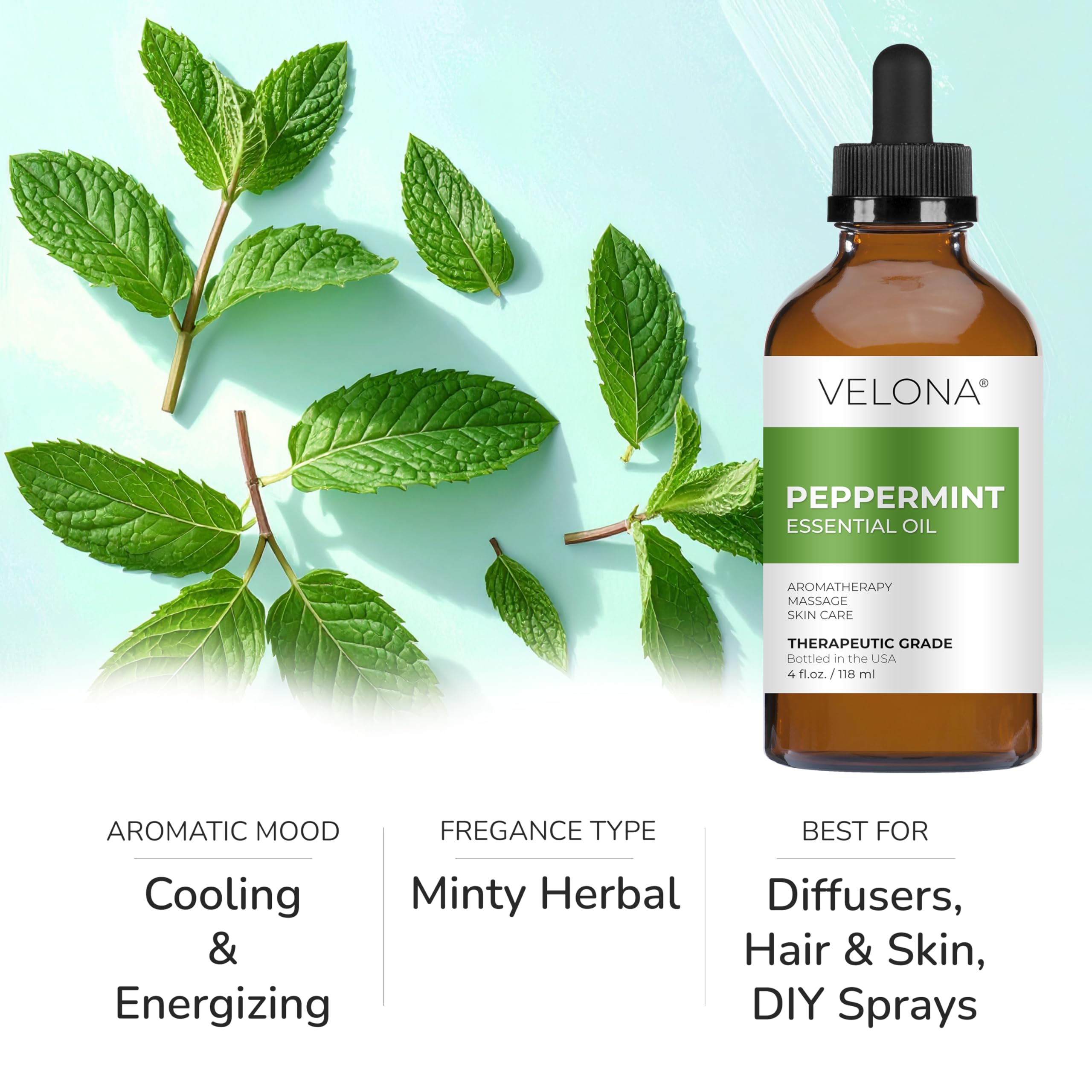 Velona huile essentielle menthe poivree, ideale pour aromatherapie et blends personalises.