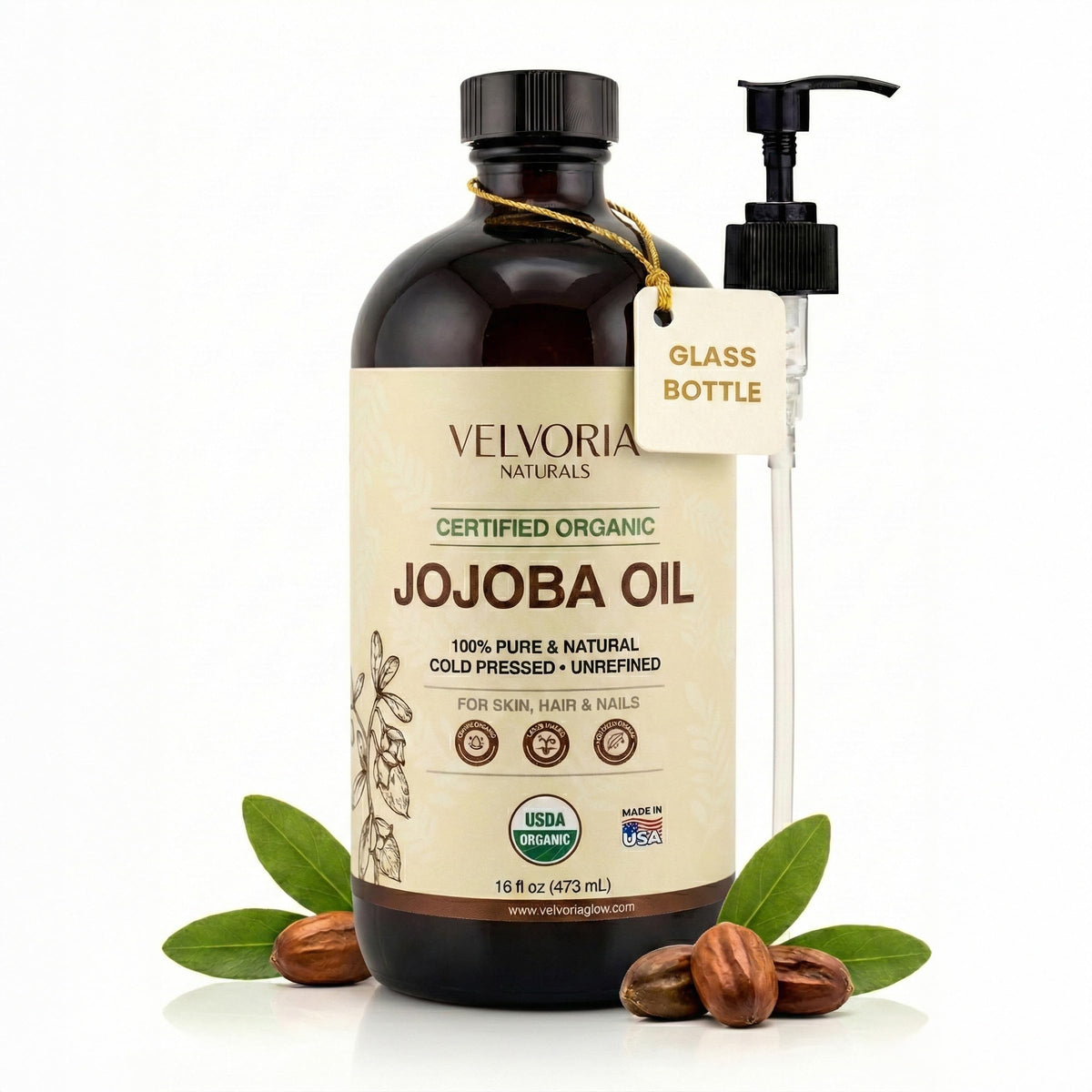 Velvoria Naturals huile jojoba flacon pompe, hydratation longue pour peau et cheveux