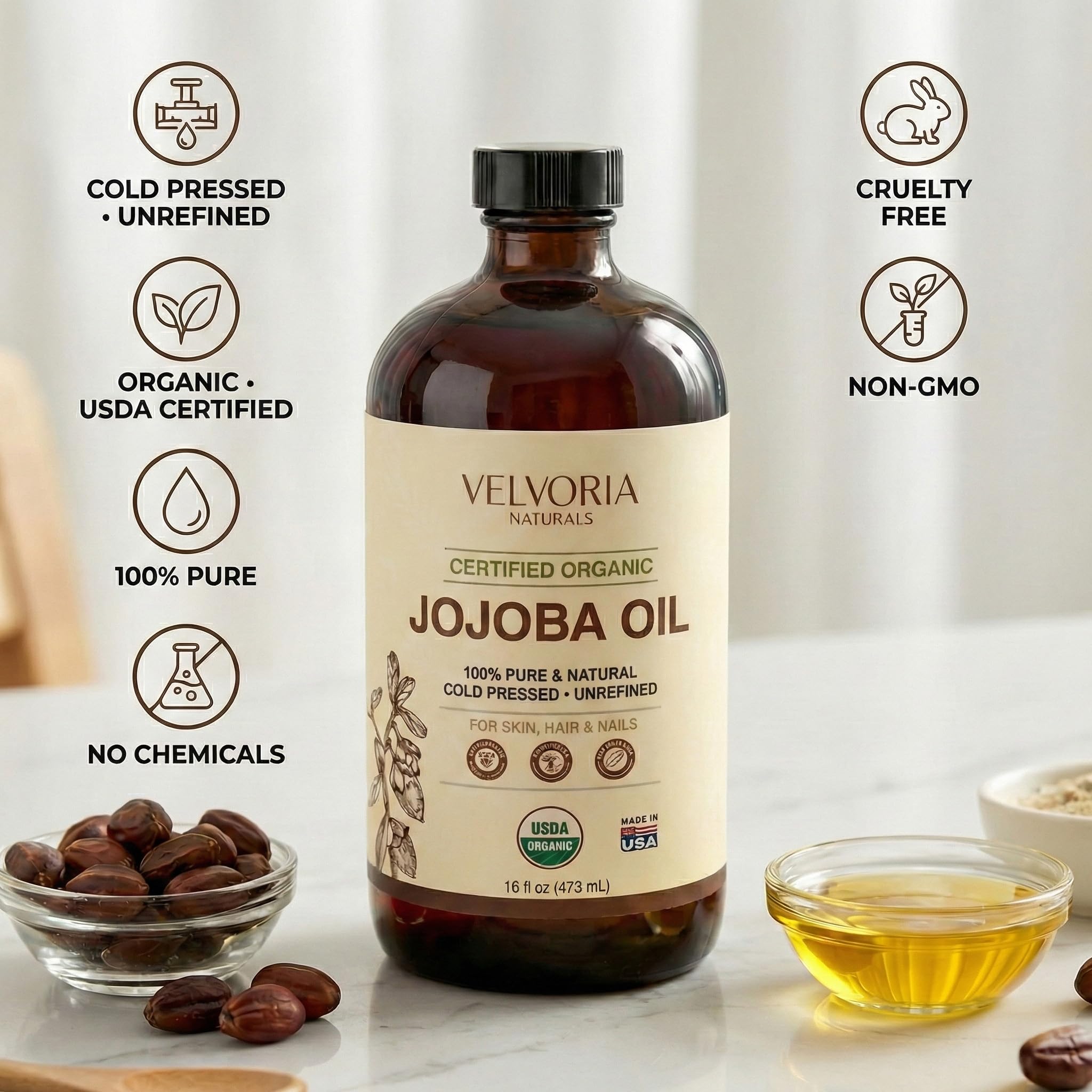 Velvoria Naturals huile jojoba flacon ambré, protège la fraîcheur