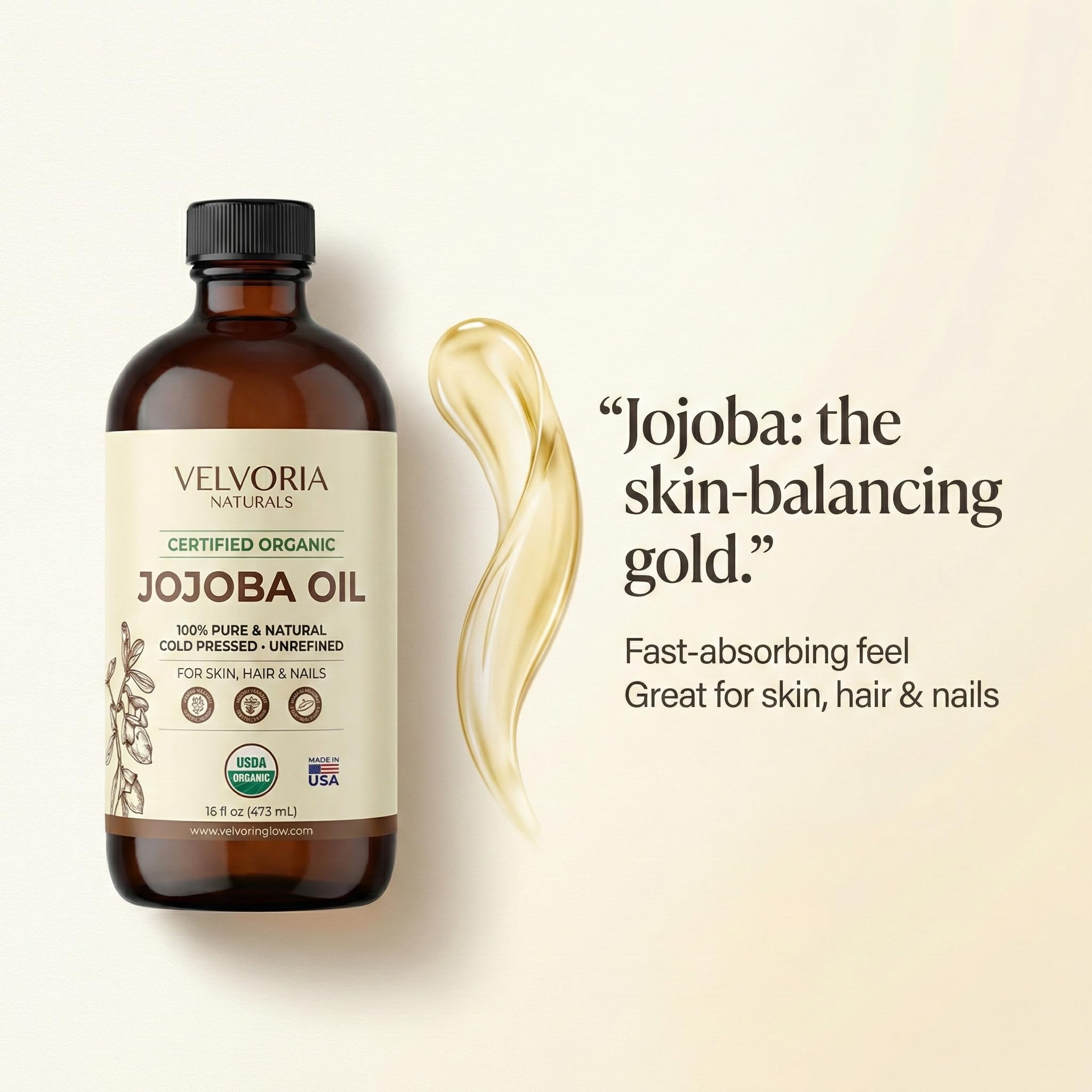 Velvoria Naturals huile jojoba usage visage, absorption rapide sans fini gras