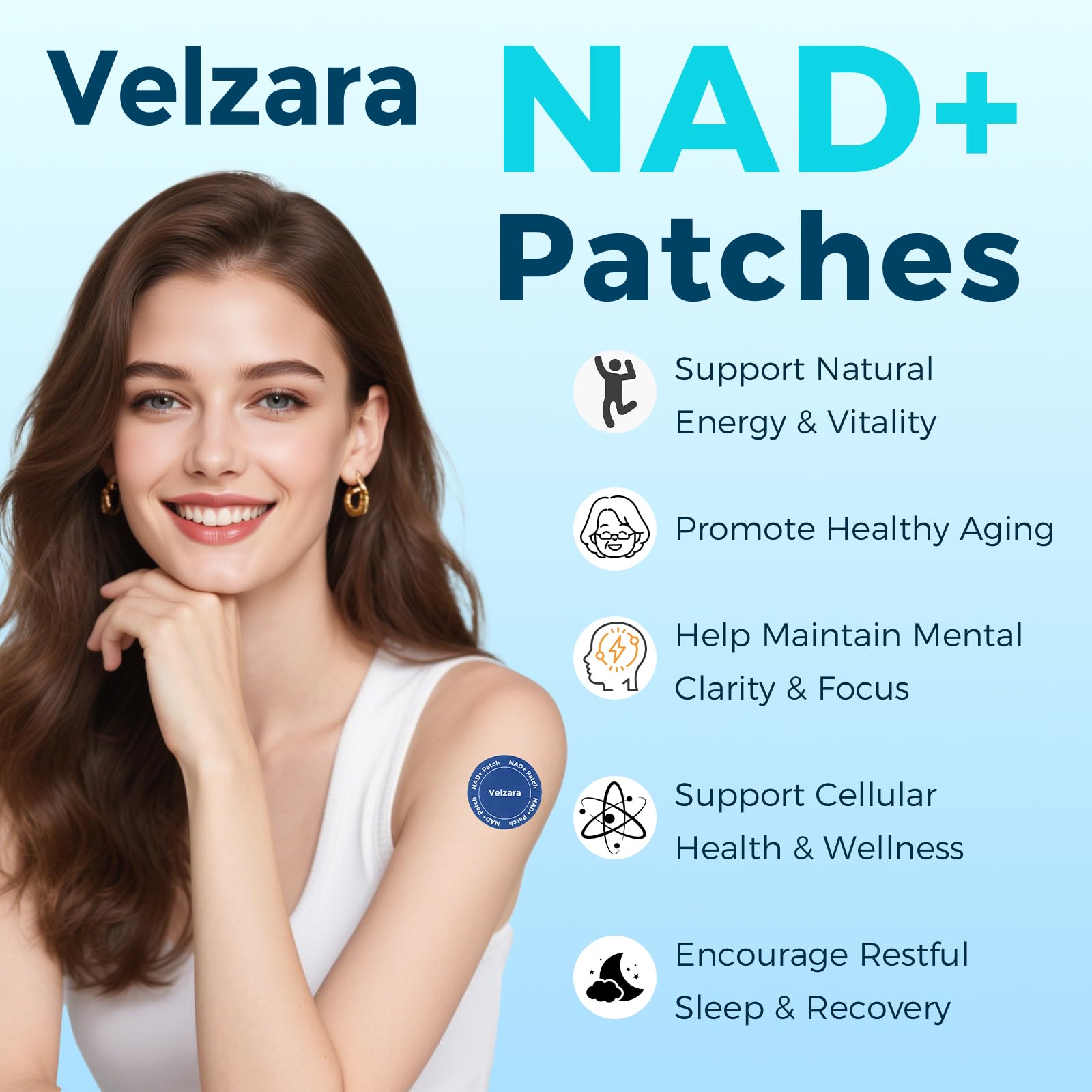 Velzara patchs NAD+ – application sur peau pour une sensation discrète et confortable.
