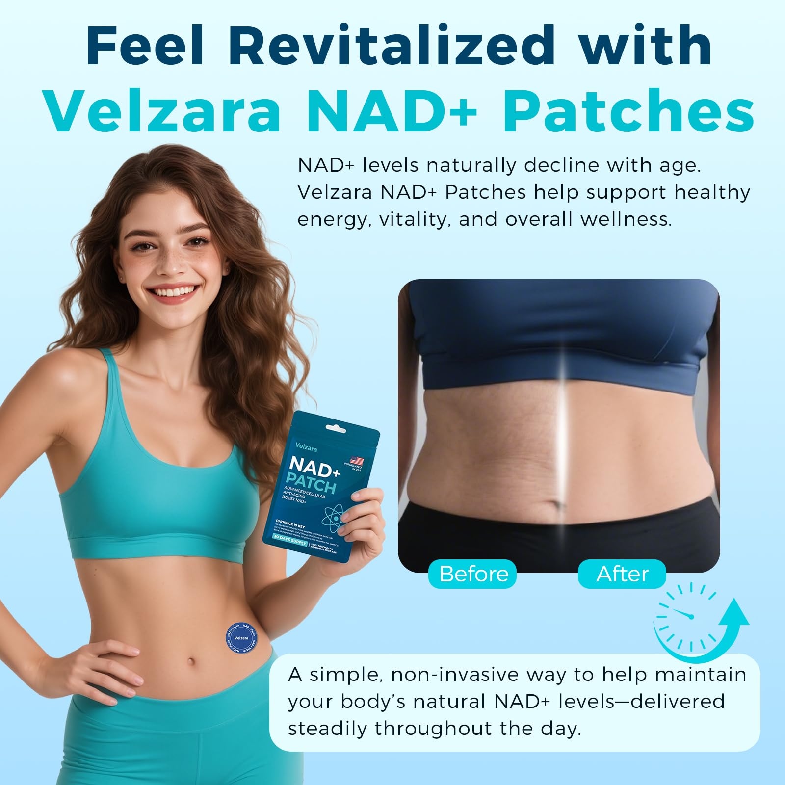 Velzara patchs NAD+ – guide d'utilisation clair pour une pose rapide.