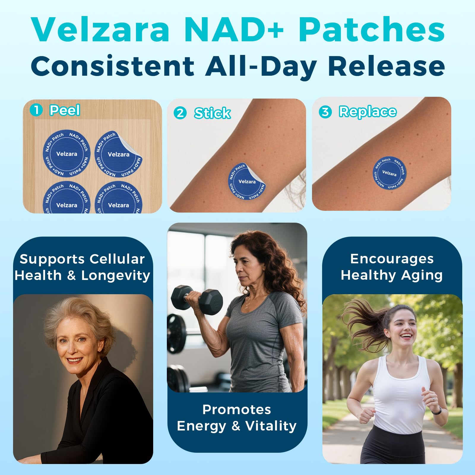 Velzara patchs NAD+ – libération progressive pour un soutien durable sans pilules.