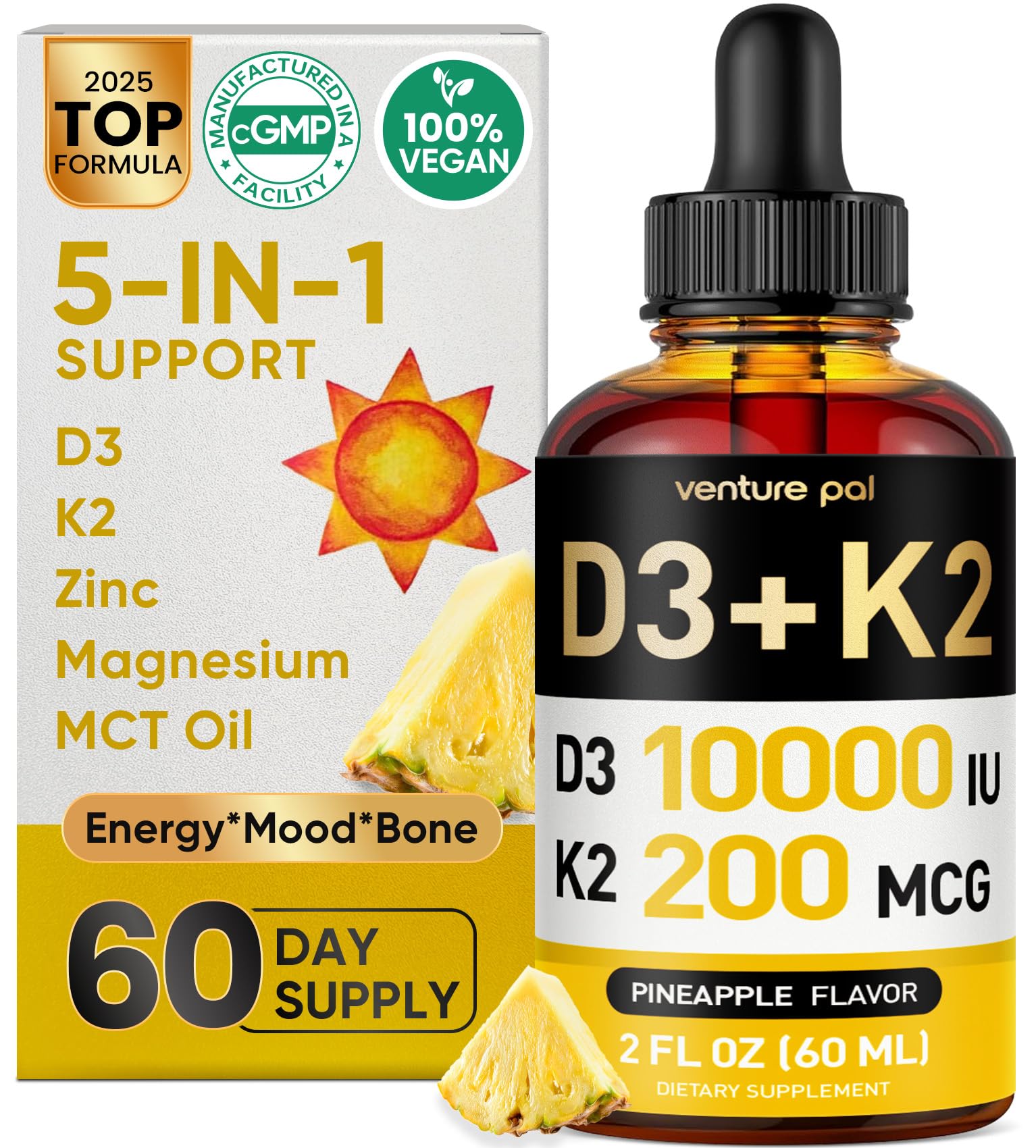 Bouteille Venture Pal montrant D3 et K2 pour le soutien des os.